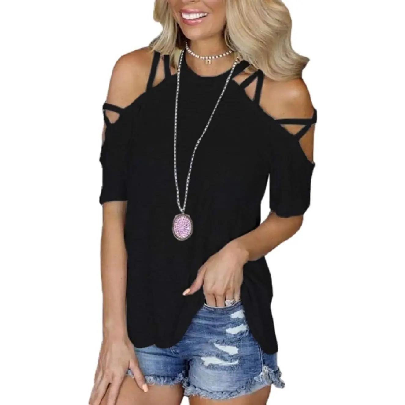 Off The Shoulder Tops for Women Sexy Short Sleeve Strappy Cold Shoulder T-Shirt
