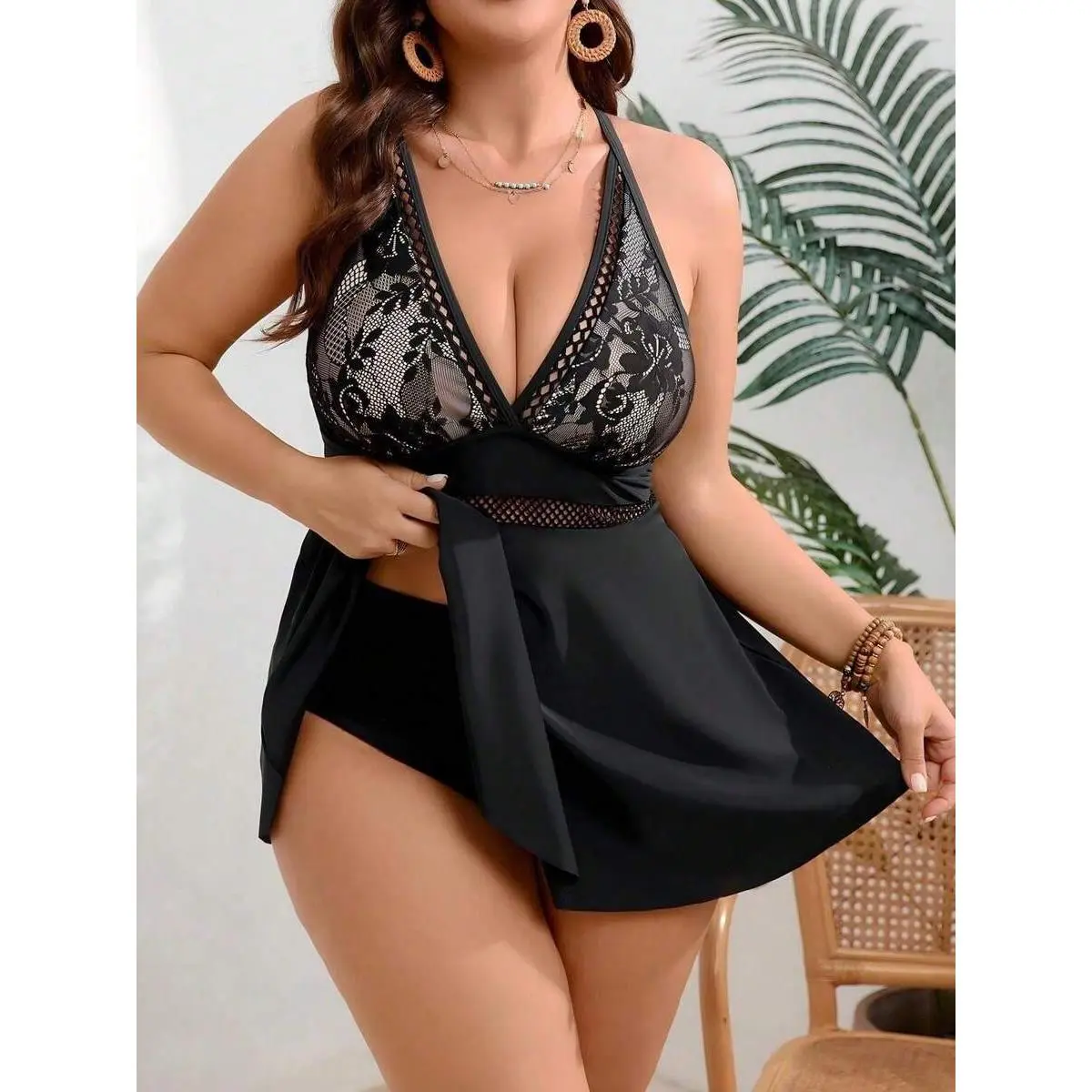 Women's 2026 New Ribbed High-Waisted Tummy Control Tankini Swimsuit Set, Lace Halter Strappy Knit Fabric Mesh Waist Plus Size 2-Piece Swimwear, High Waisted Tankini