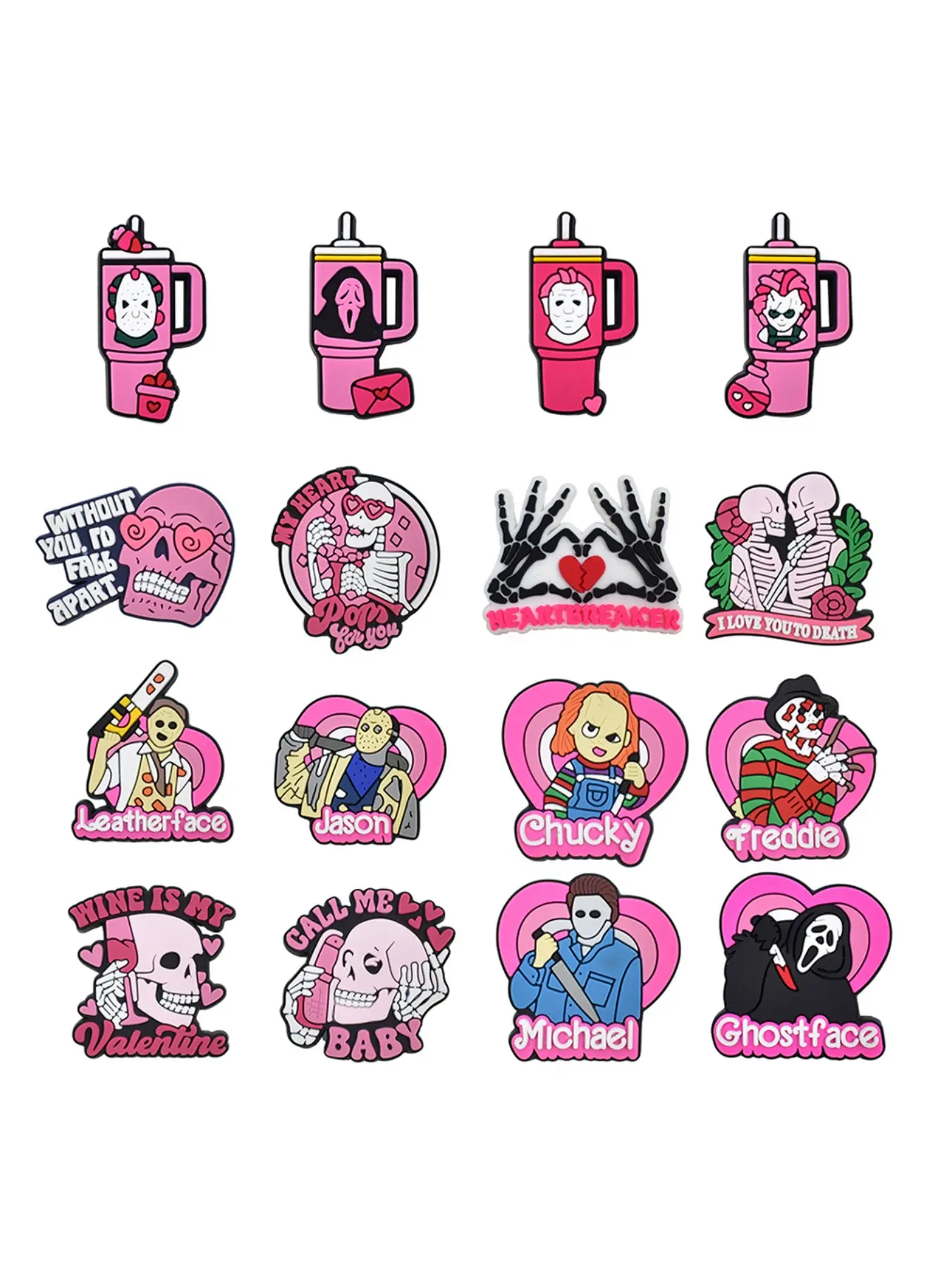 16 Pcs Pink Halloween Cartoon Shoe Accessories, Cute Kids' Shoe Decoration Charms, Wristbands, Sandals, Perfect Christmas Gifts