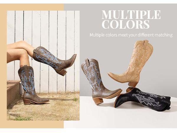 Women's Embroidered Western Cowboy Boots Fashion Pointed Toe Chunky Heel Mid Calf Cowgirl Boots