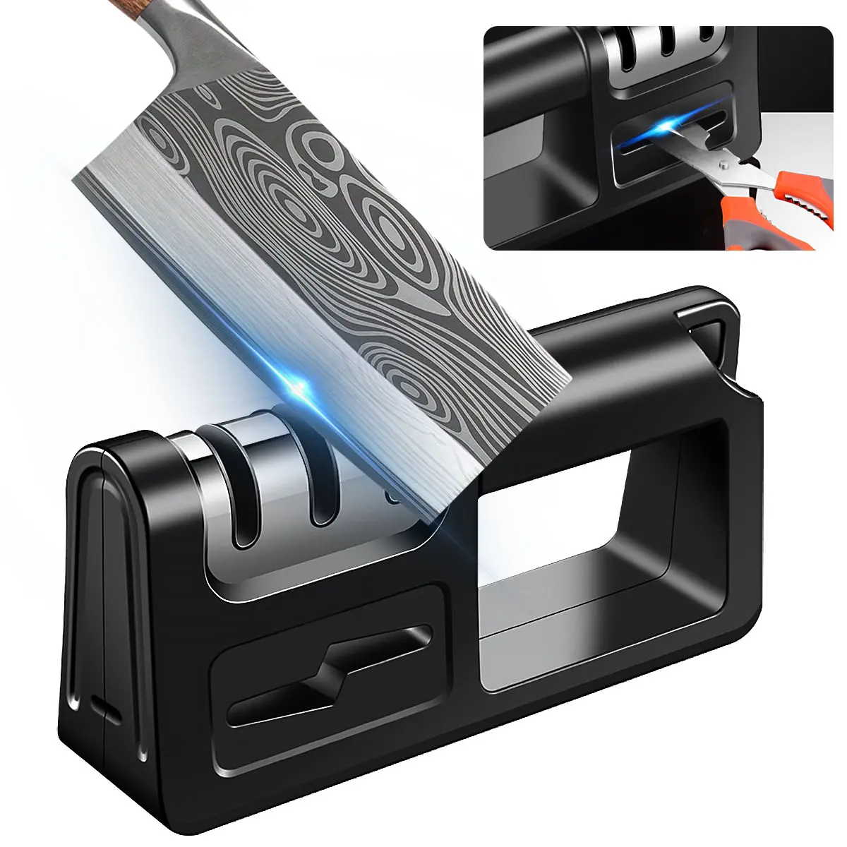 4 In1 Diamond Knife Sharpener, Multi-functional Household Manual Quick Knife Sharpening Tool, Blade Opening Rolling Kitchen Knife Sharpener for Knife & Scissors Stainless Steel Helps Repairing, Restoring & Polishing Blades Food Service Cleaning Tool
