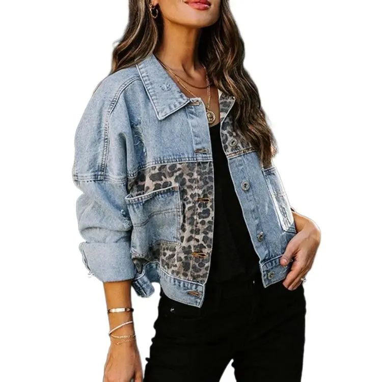 Women Fall Winter Long Sleeve Denim Jacket, Trendy Leopard Print Patchwork Jean Coat Casual Street Outerwear ****