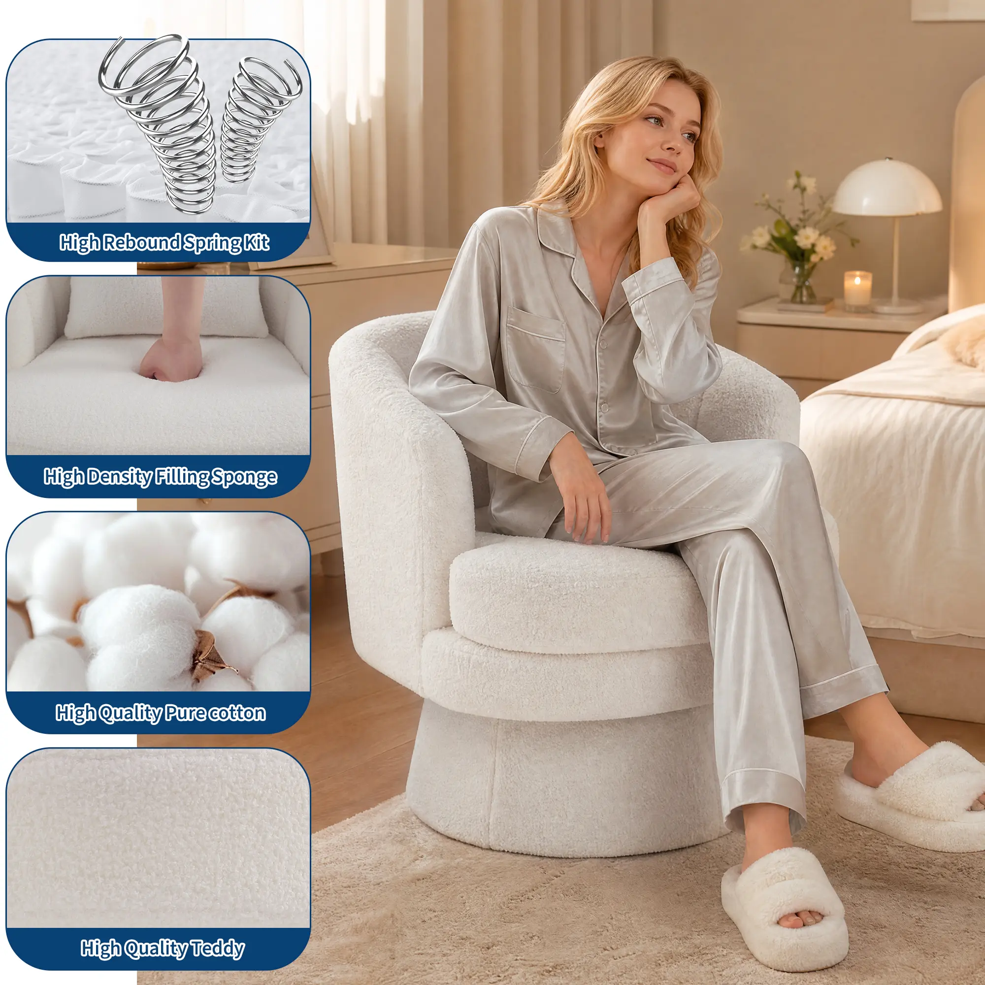 360° Swivel Barrel Accent Chair with Lumbar Pillow, Soft Upholstered Single Armchair, Round Base