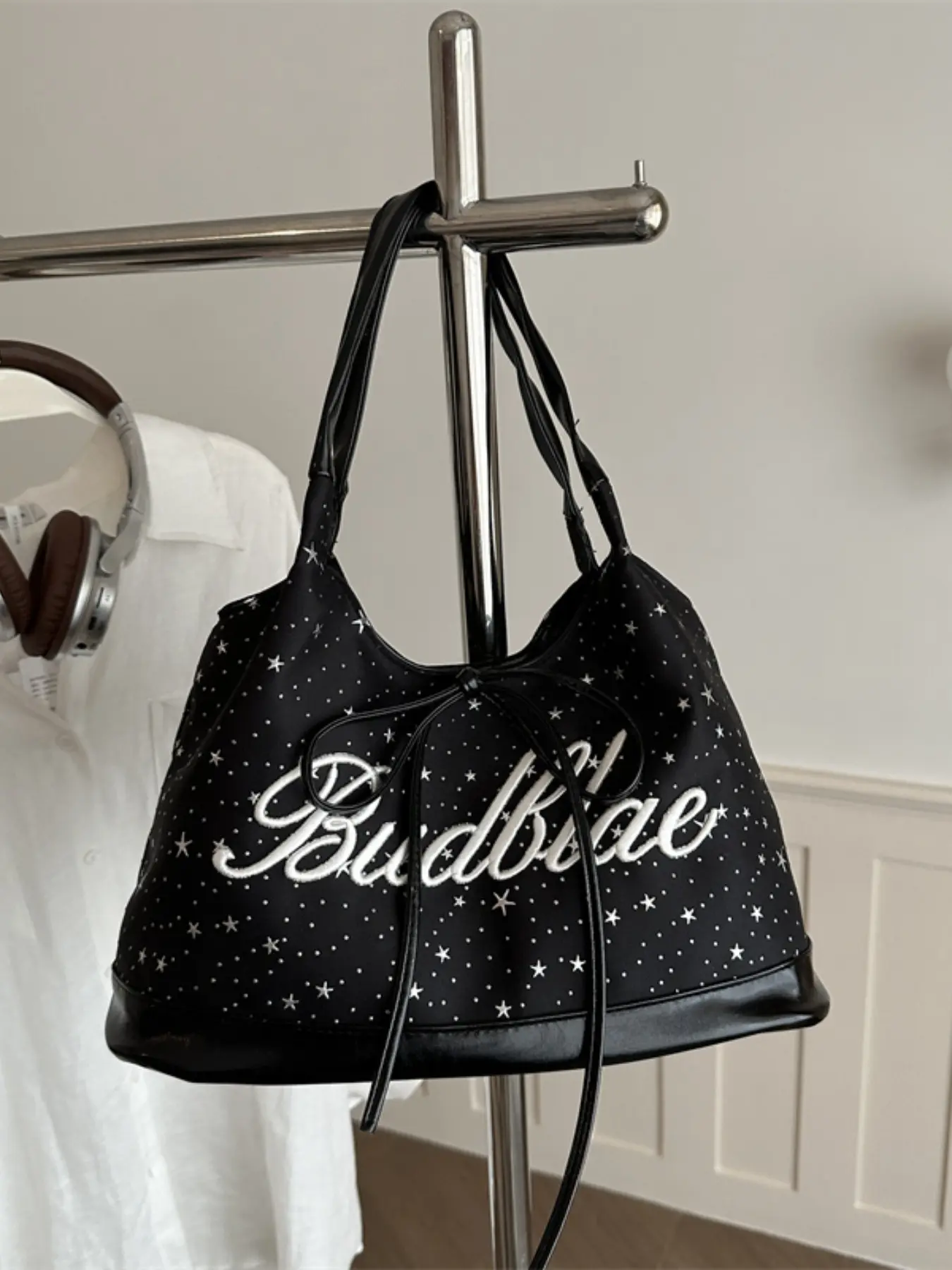 Trendy Bucket Bag for Women, Large Capacity Bow Handbag, Korean Star Shoulder Bag, Letter Embroidery Vintage Commute Bag