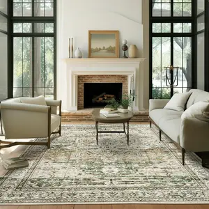 [Summer Win] ComiComi Classic Green Vintage Area Rug,High-Density Pile,Waterproof & Stain Resistant, Washable Area Rug, Large Soft Rugs for Living Room, Home Decor for Bedroom Dining Room,Non-Slip Stain Resistant Under Table Rugs,