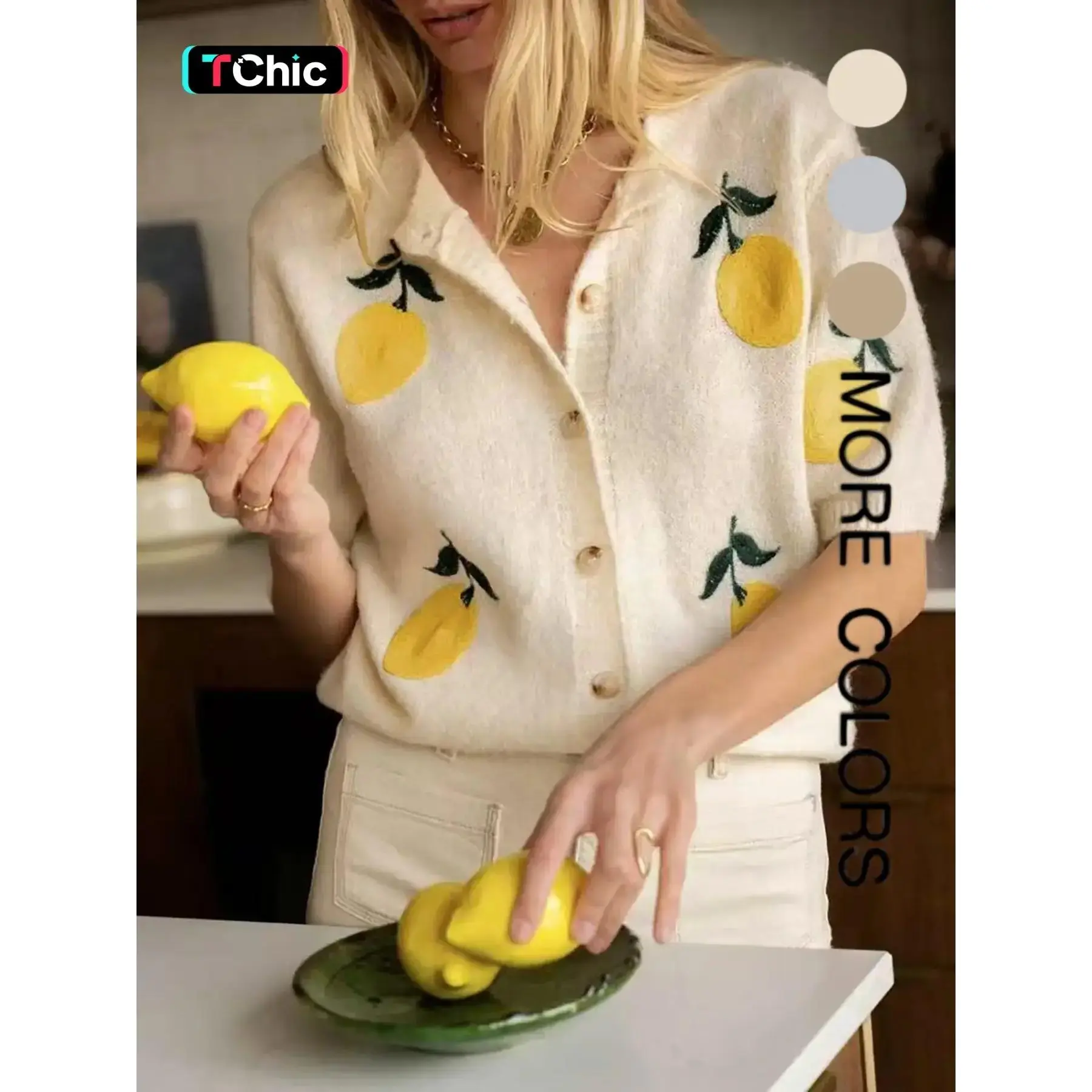 Women's Lemon Embroidery Cardigan, Casual Short Sleeve Knitwear for Daily Wear, Ladies Knit Top for All Seasons