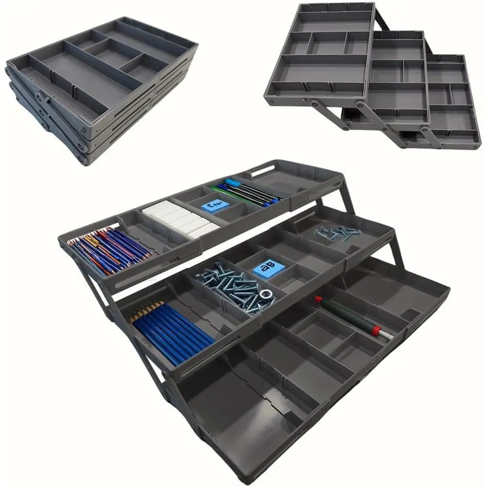 3 Tier Drawer Organizer, Multi Level Smart Drawer Organizer for Desk, Expandable Organizer for Office, Makeup, Jewelry, Kitchen, Folding Storage for Home and Office Drawers & Craft Organizer - Gray