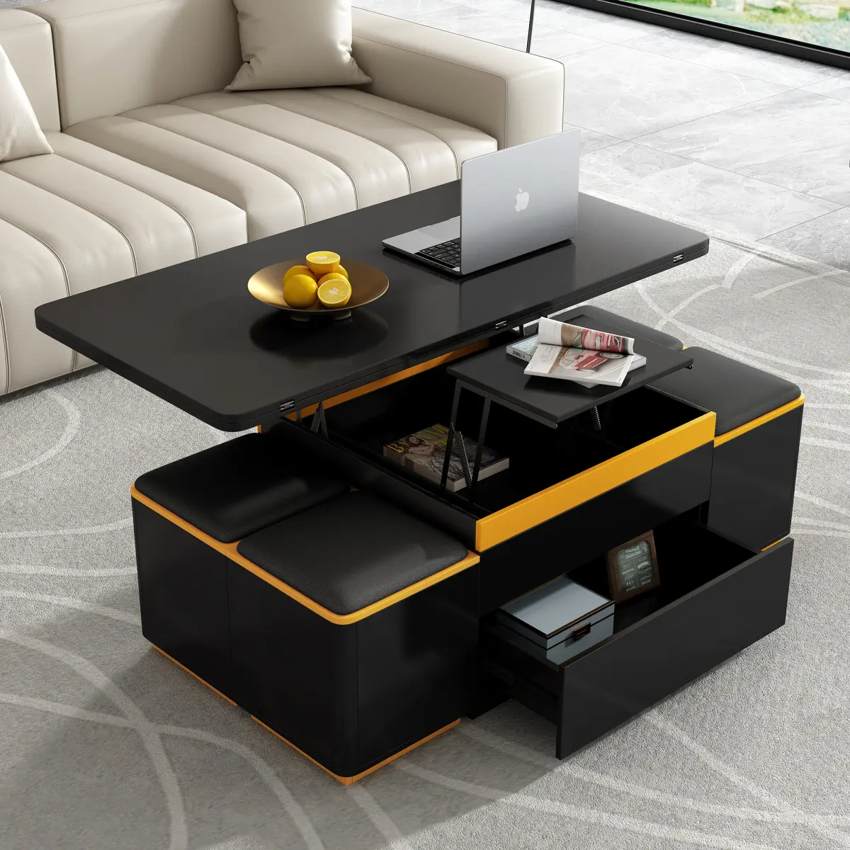 Lift-Top Coffee Table Living Room Center Table with Storage Stools, Modern Center Table with Foldable Top, Multi-Functional Adjustable Coffee Table for Living Room,Black