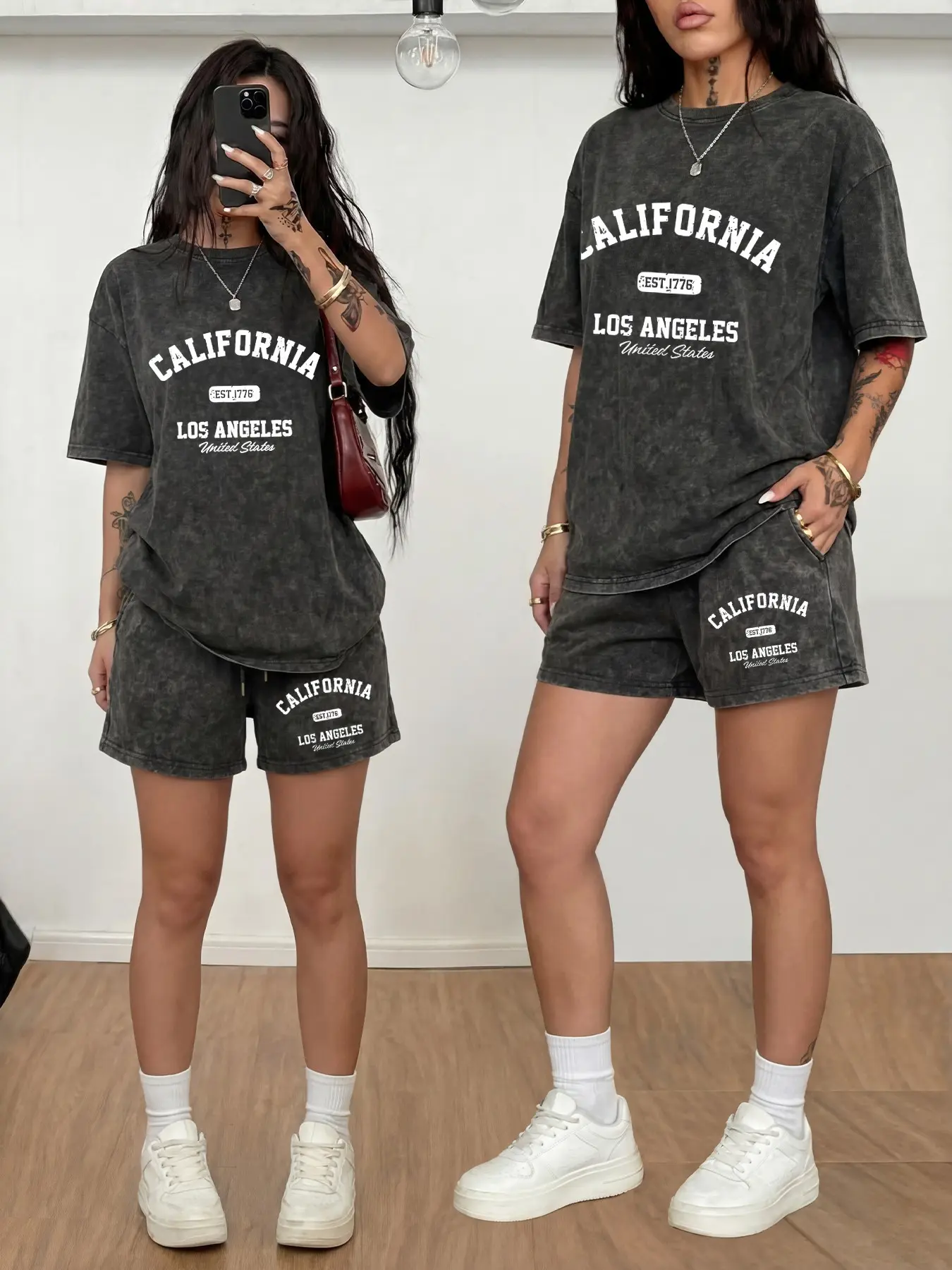 2-Piece Set: Vintage-style, distressed tie-dye effect with letter print—a casual, American streetwear-inspired outfit, Clothes featuring skin-friendly, elastic-waist shorts; versatile for everyday wear.