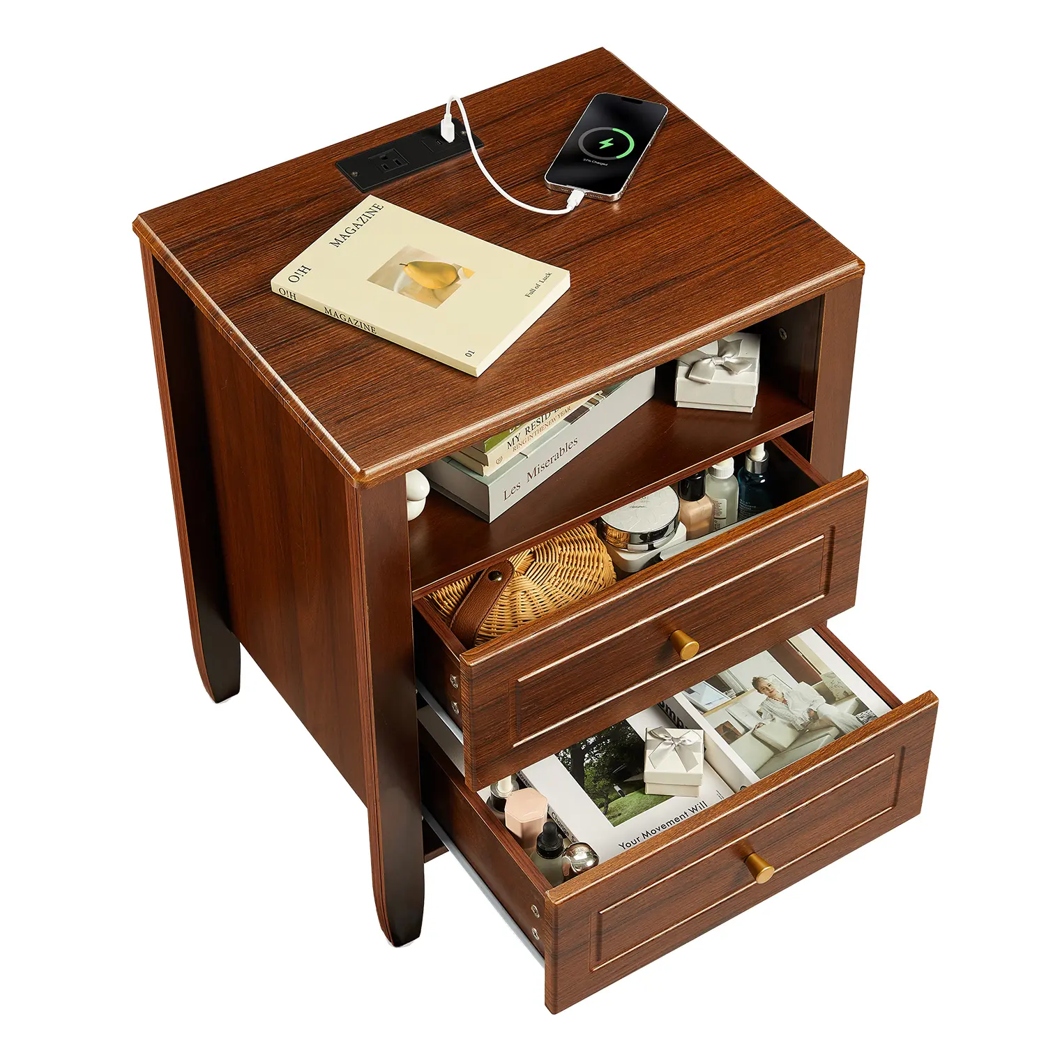 Modern bedside table with Charging Station - 2 Drawers & Open Shelf - Tapered Legs & Gold Knobs - Compact Bedside Table for Bedroom Living Room
