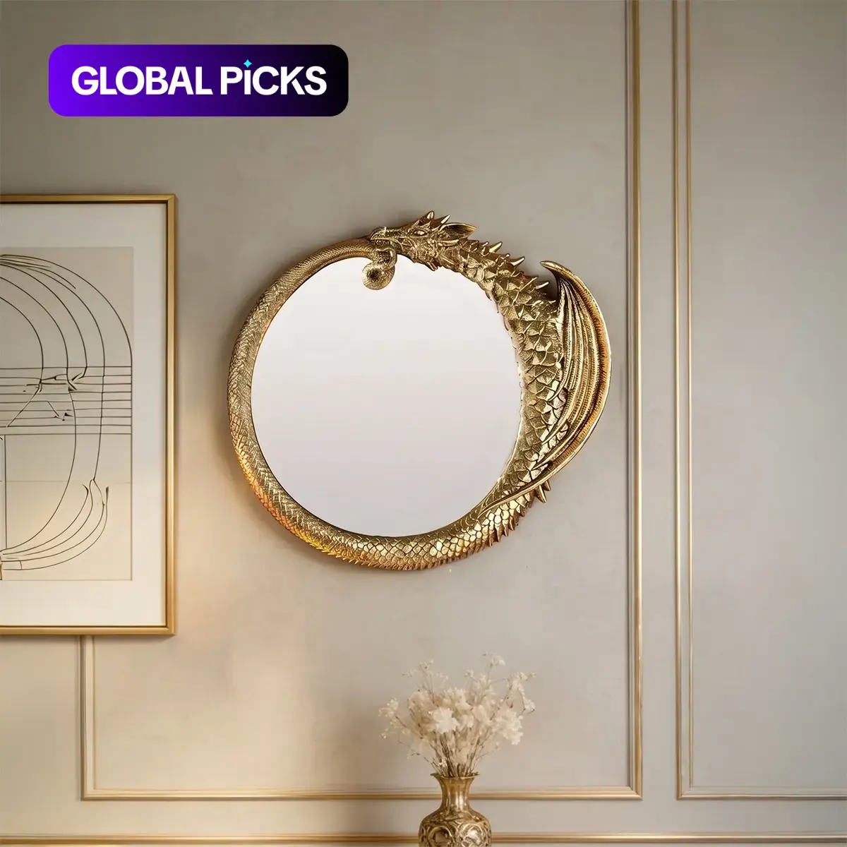 Creative Vintage Resin Dragon Round Wall Hanging Mirror, 3D Carved Craft, Living Room Decor, Suitable for Hallway and Lounge, Home Decorative Mirror #GLOBAL PICKS