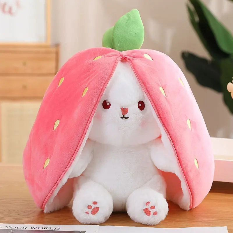 Transformable Strawberry Bunny Plush Doll, Gorgeous Doll, Cute Rabbit Stuffed Toy with Carrot Accessory, Soft Pillow Gift for Birthday & Valentine’s Day