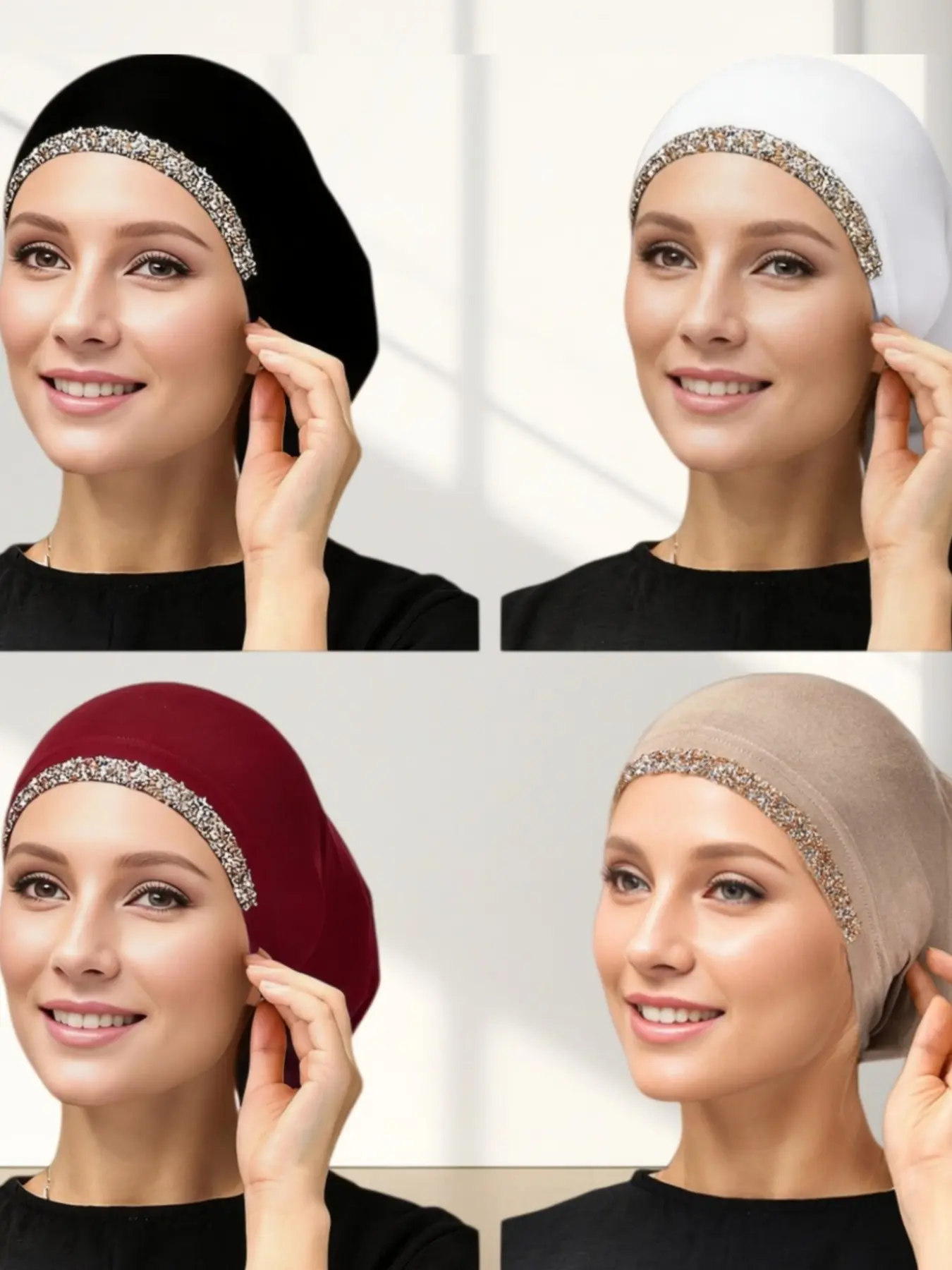 4pcs Muslim Women's Hijab Pullover Lazy Hat Set, Multi-Color Headscarf Hat Combo, Solid Color Casual Fashionable Easy Head-Covering Hat
