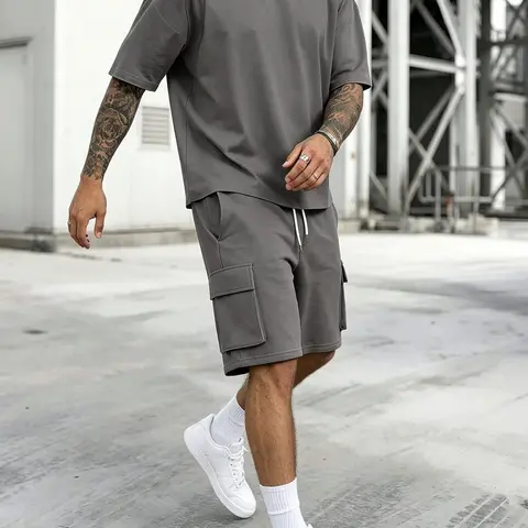 Men's Solid Color Tee & Drawstring Waist Shorts Two-piece Loungewear Set, Regular Fit Breathable Soft Comfy Round Neck Short Sleeve T-shirt & Pocket Shorts Set, Men's Casual Sleepwear for Summer Shorts Pajama Outfit