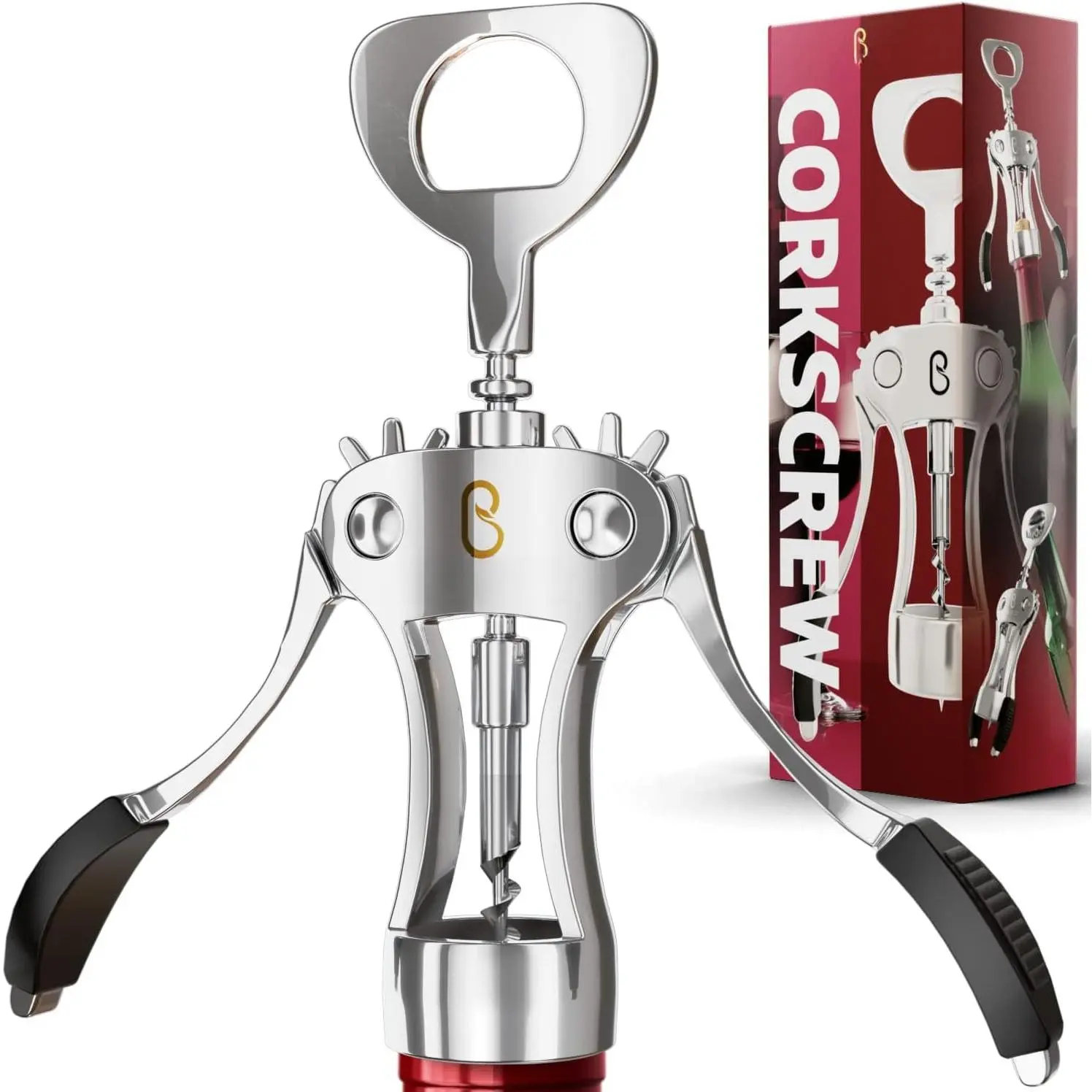 Opener, Wing Corkscrew - Made w/Heavy Duty Stainless Steel Screw & Zinc Alloy  -  Corkscrew to Open  &  Bottles -  Bootle Opener For Bartenders, Restaurants &
