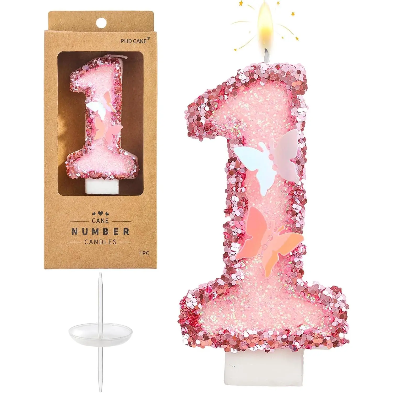 Pink Butterfly Number 1 Birthday Candle, Butterfly Themed Cake Candle for Party