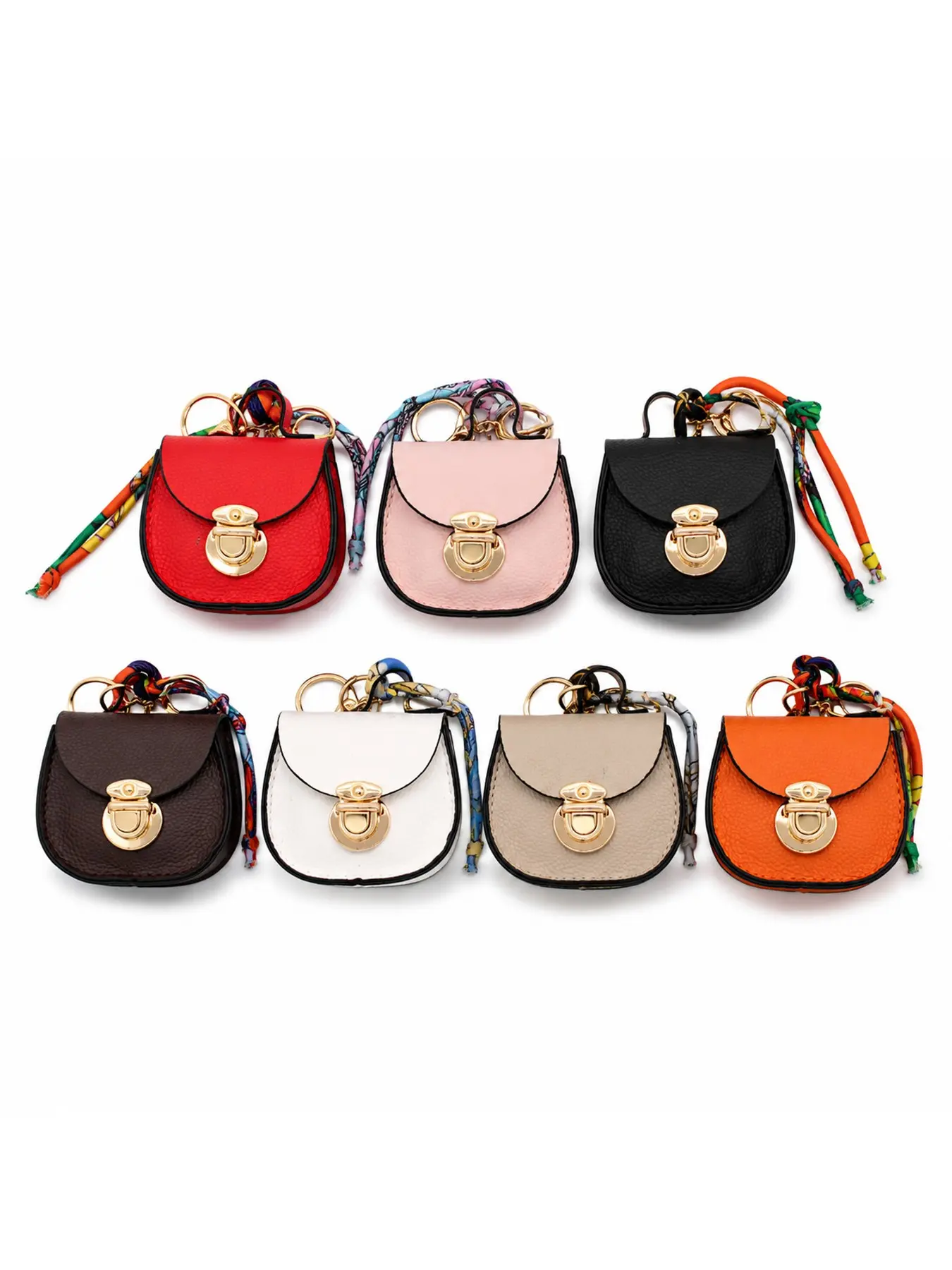 Mini Saddle Bag Charm, Turn Lock Tiny Flip Coin Purse, Colorful Silk Ribbon Wrist Strap Keychain, Portable Earbud Holder Decor Pendant for Women Handbag Keys