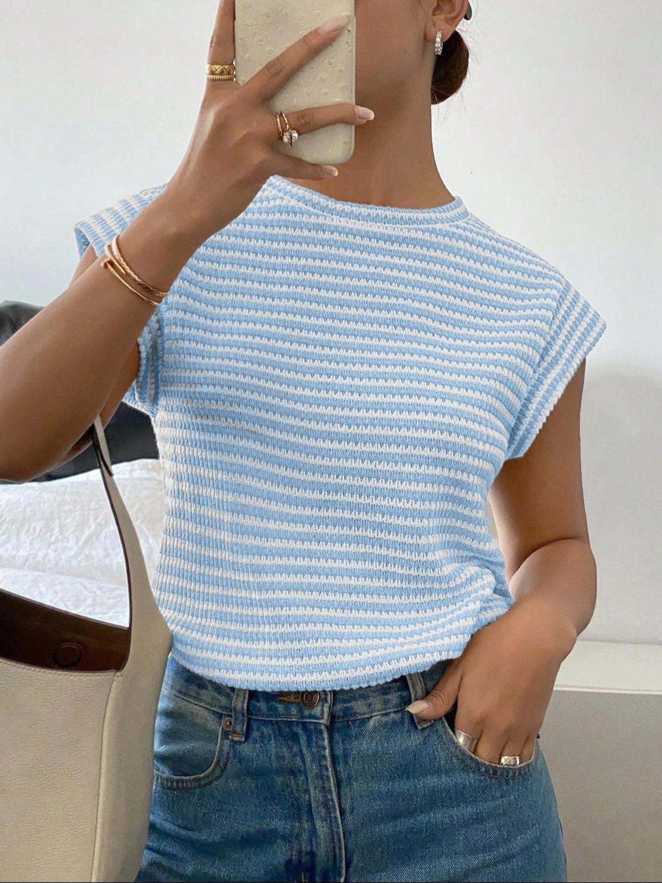 Women's Striped Print Crew Neck Tee, Casual Slim-fitting Cap  Sleeve T-shirt, Ladies Summer Clothes for Daily Wear, Top