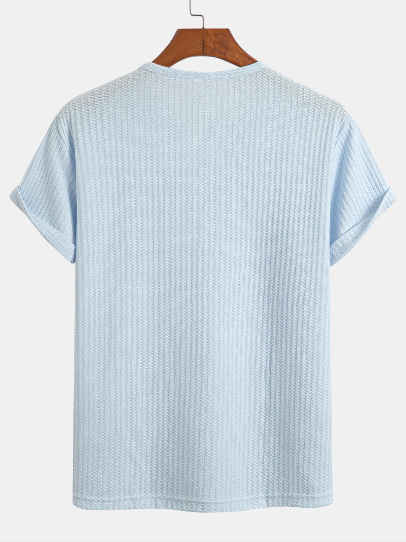 Men's Solid Knit Henley Curved Hem Tee, Regular Fit Casual Short Sleeve T-shirt for Summer, Men's Top for Daily Wear