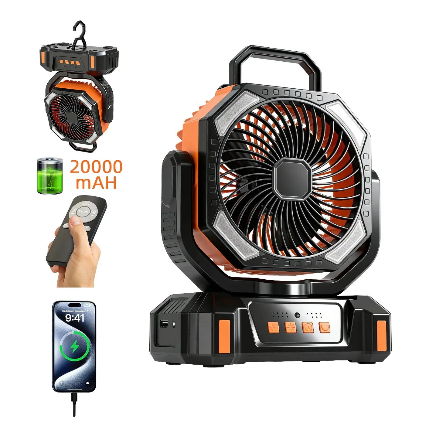 20000mah Portable Personal Fan, Multi-Speed Wind Control, 4 Wind Levels, 3 Light Settings, Strong Airflow, Outdoor Power Bank, Travel Friendly
