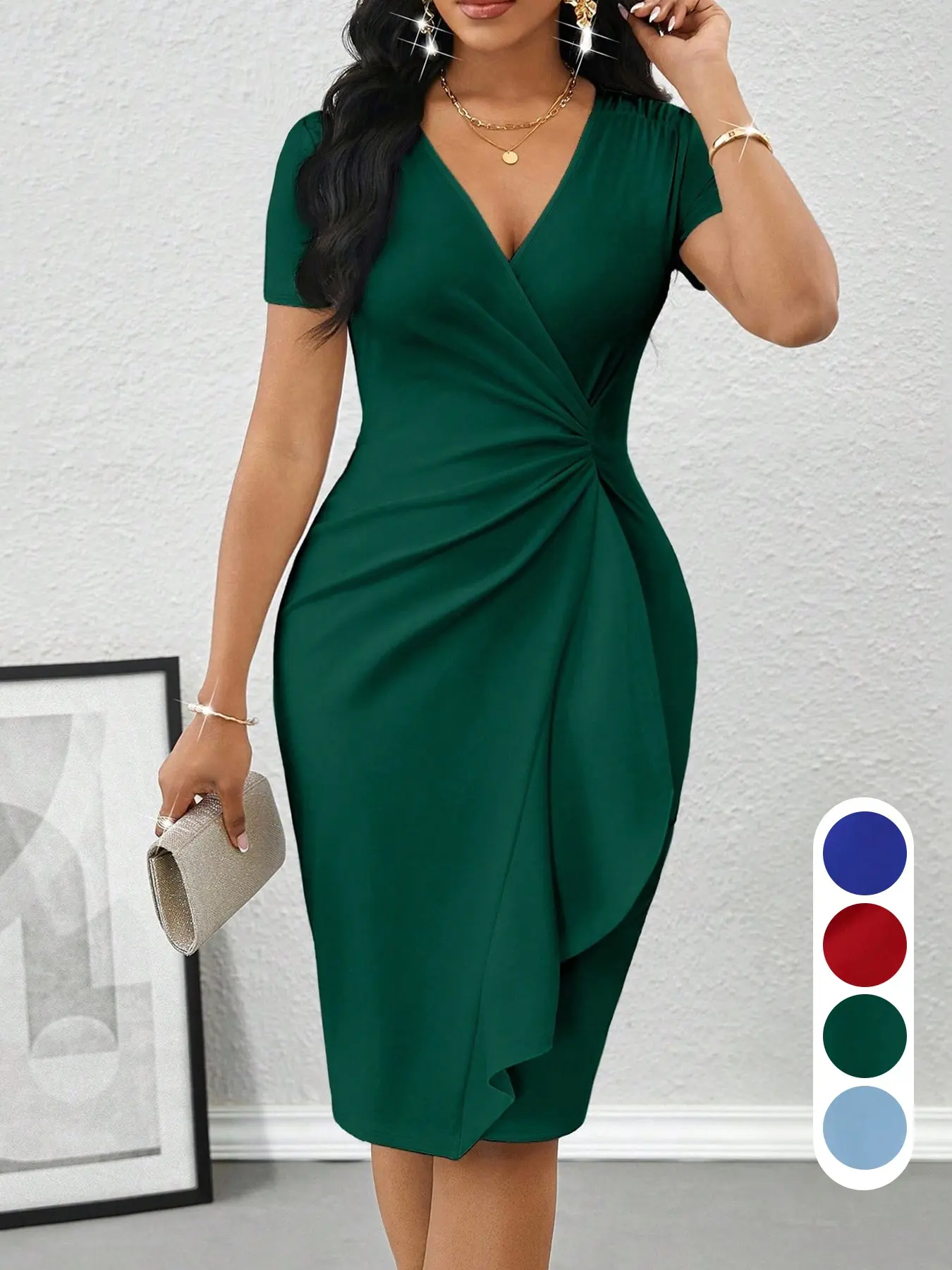 Spring Summer Feminine Elegance Chic Bodycon Party Dress, Womenswear, V Neck Ruffle Wrap Knee-Length Dress, Waist-Cinching Ruched Slim Design, Elegant Formal Dress for Evening Events