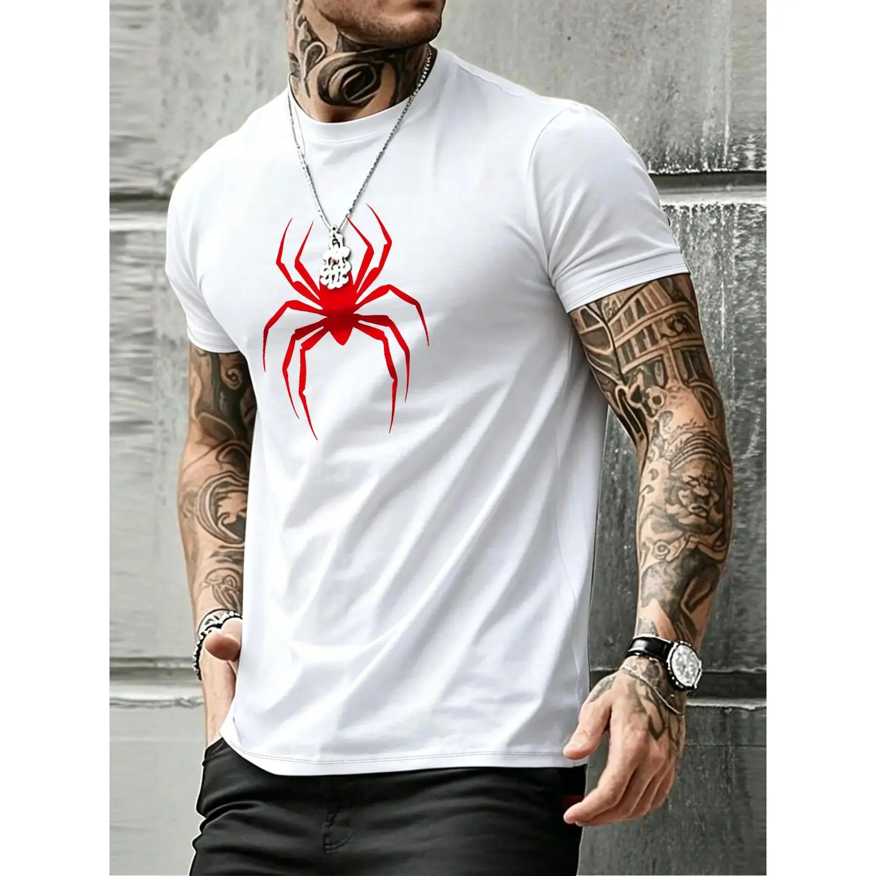 Men's Summer Tropical Casual Round Neck Short Sleeve T-Shirt, Spider Icon Print, Soft and Versatile, Multiple Colors, Streetwear Outdoor Fashion