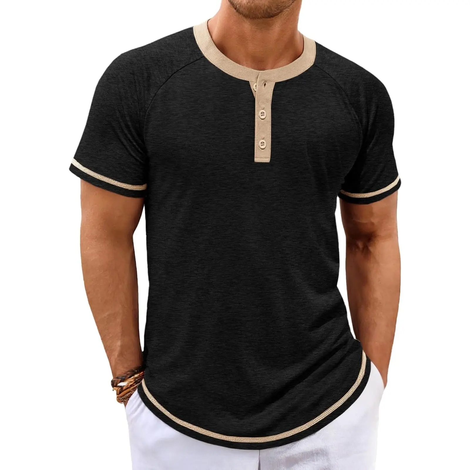 Aoysky Mens Henley Shirts Short Sleeve Casual Summer Basic T Shirts Button Vintage Lightweight Tee Tops
