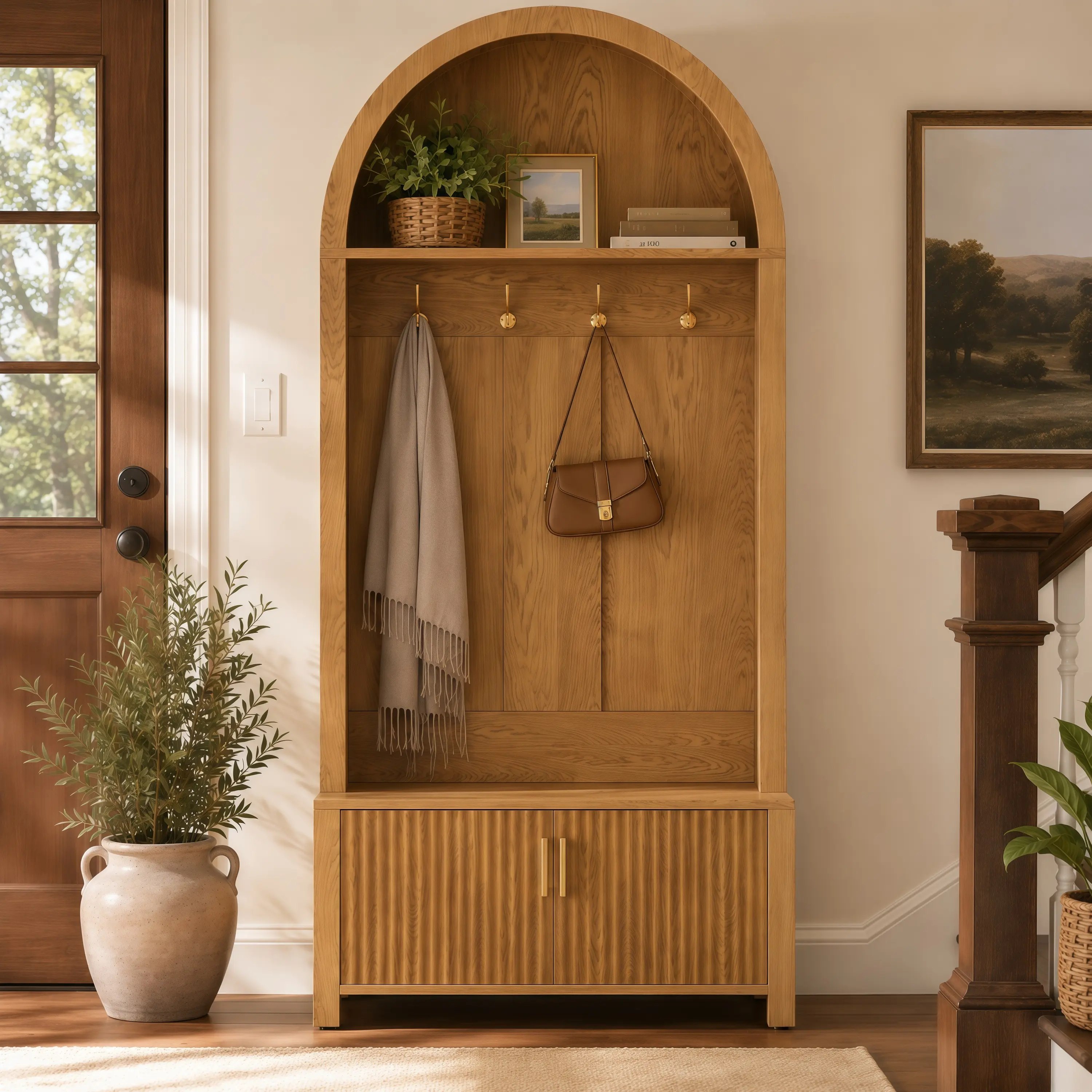 ARCH Arched Top Hall Tree with Bench and Shoe Storage, 70.3" Farmhouse Coat Rack with 4 Metal Hooks and 2 Fluted Doors, Entryway Mudroom Organizer with Cabinet, Engineered Wood Natural Finish for Hallway Living Room, Natural Color Options