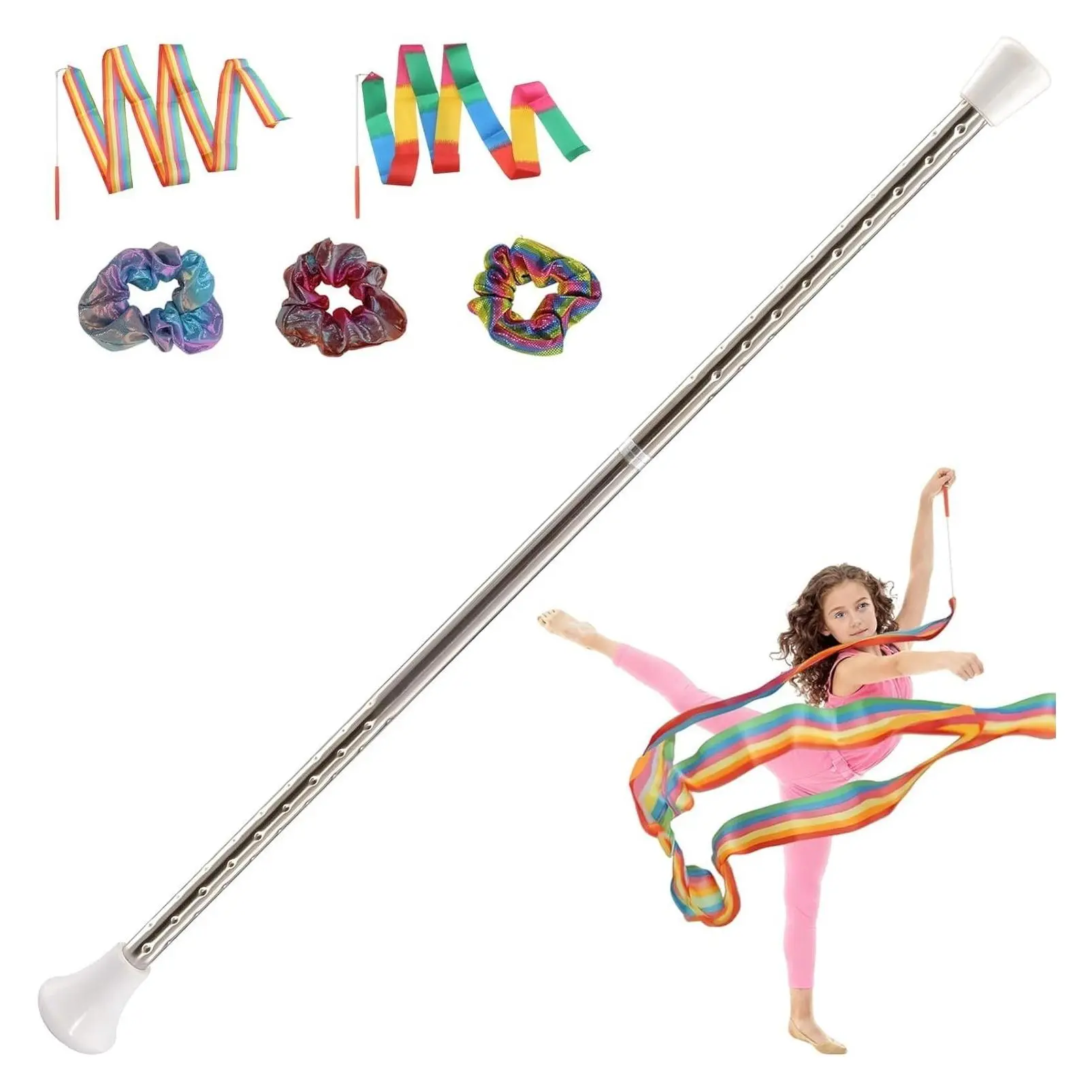 Dance Baton for Twirling, 21/29 Inch Stainless Steel Gymnastics Wand Set with 2 Dance Ribbons & 3 Rainbow Hair Bands, Baton Twirling Kit for Kids Beginners (1PCS/2PCS)Gift