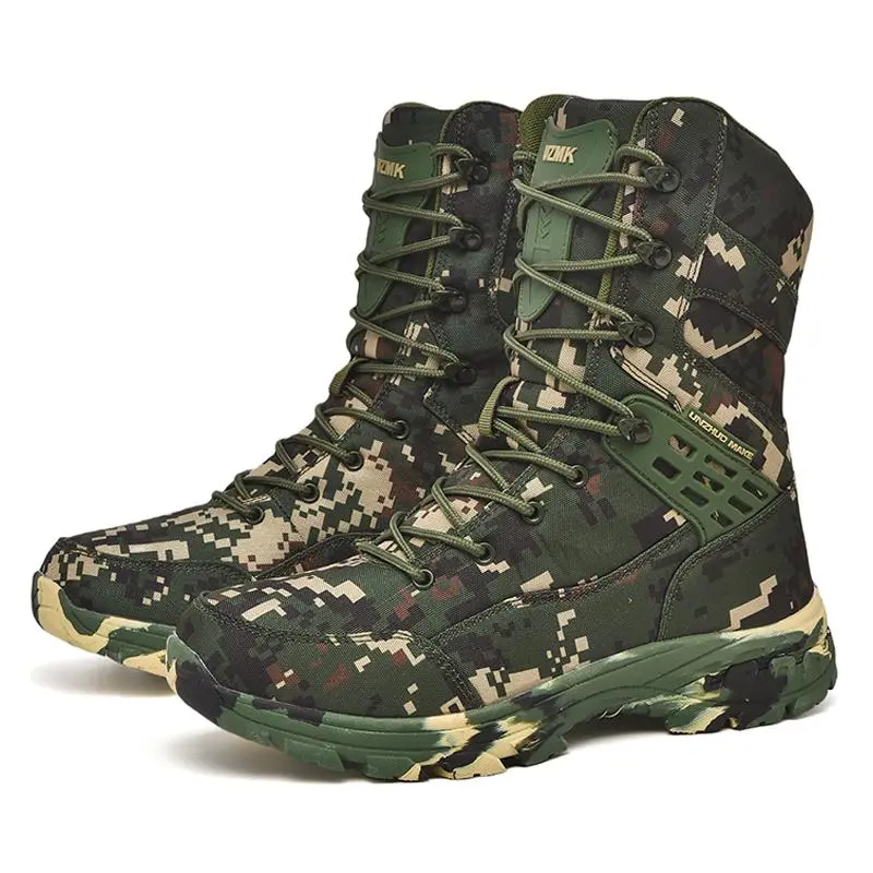 Men's high top camouflage hiking boots, outdoor climbing work boots with zipper closure, nylon fabric, rubber sole, non-slip EVA insole, striped pattern, all year outdoor shoe style