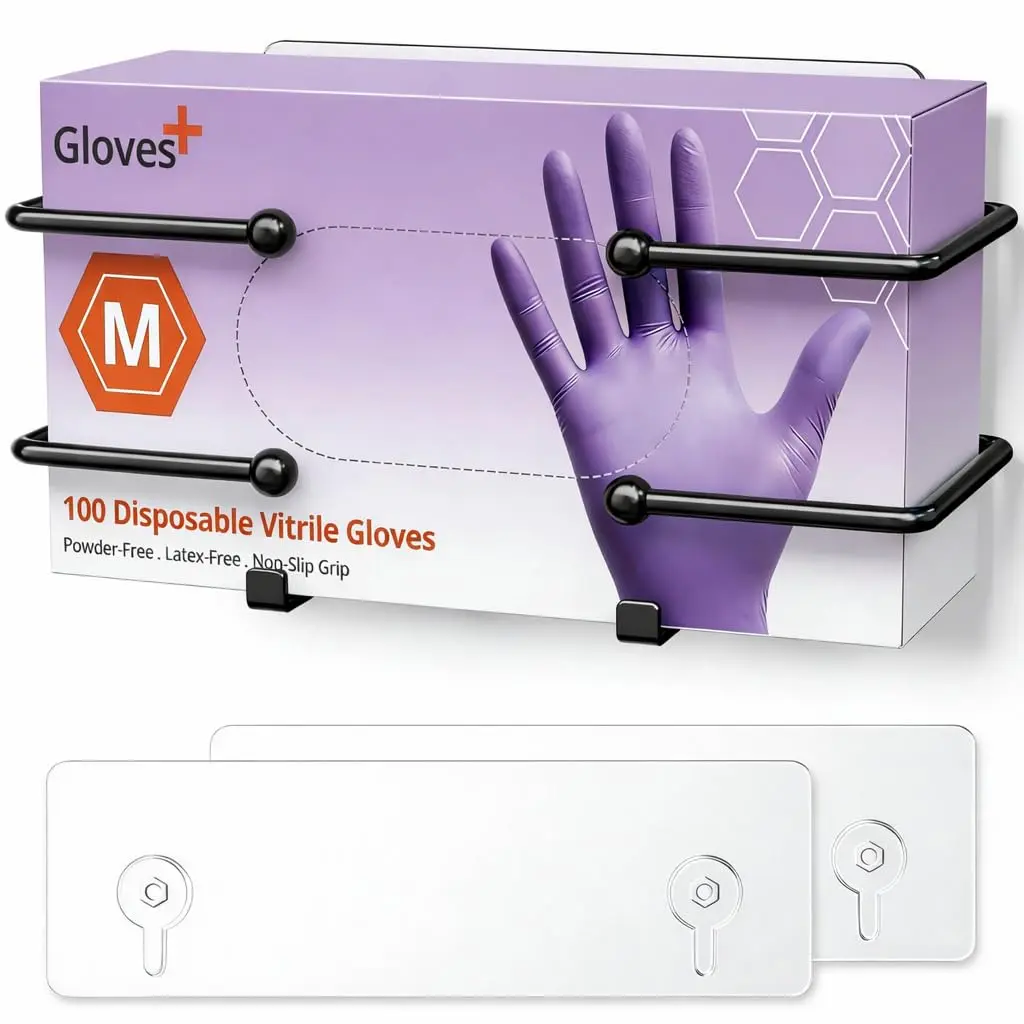 Adhesive Glove Box Holder Wall Mount, Metal Gloves Dispenser, Black | For Latex &  Boxes, No-Drill Tissue & Wipes Organizer for Lab, Kitchen, Bathroom