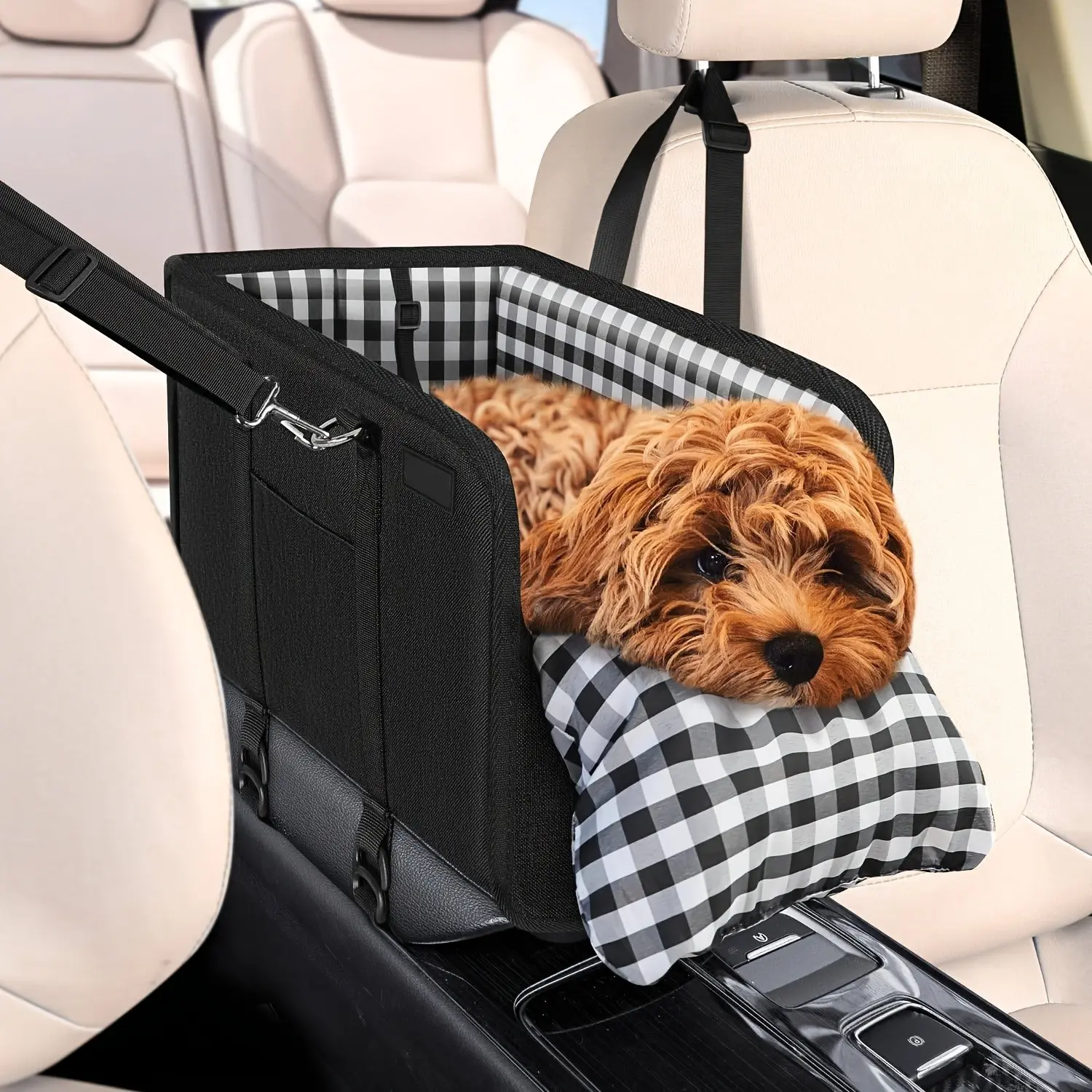 Portable Car Central Console Pet Seat, Small Dog Armrest Elevator Pad, Anti-Collapse Design, Soft Cushion & Safety Belt, Supports Up to 11 Lbs, Carriers