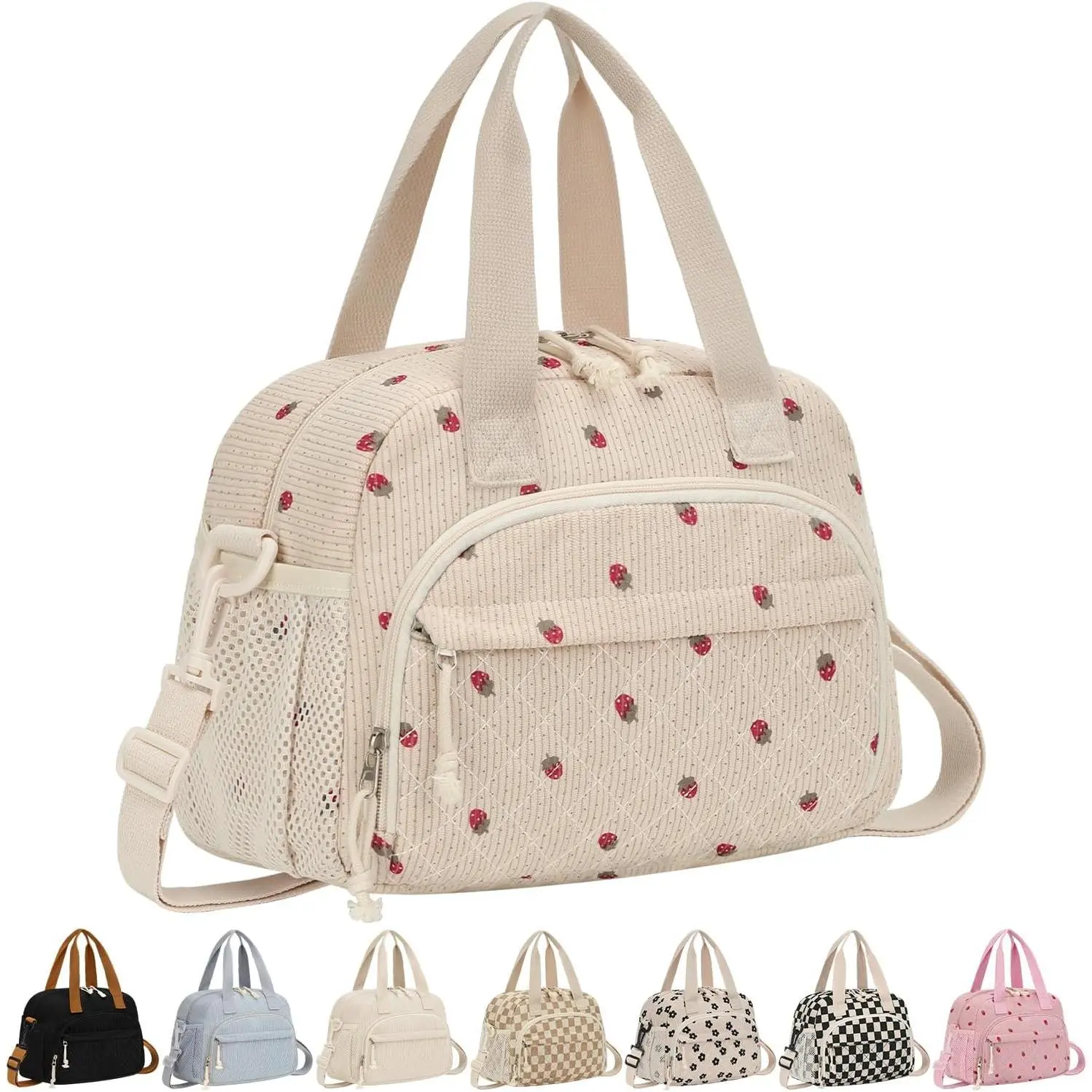 Corduroy Insulated Lunch Bag for Women Teen Girls, Portable Adult Lunch Box,  Tote Cooler Bags, Lightweight Womens Lunch Bags with Front Pockets Work Picnic Travel, Beige Strawberry