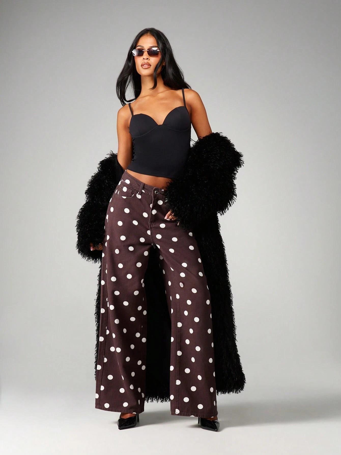 Women's Casual High-Waisted Stretch Polka Dot Straight-Leg Jeans with Pocket, High Waisted Retro Style Jeans