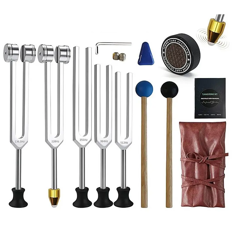 Healing Tuning Fork Set (Percussion Instrument, 5 Frequencies, 128hz-512hz) with Crystal Base, Activator, Leather Case, Ideal for Sound Therapy, Yoga
