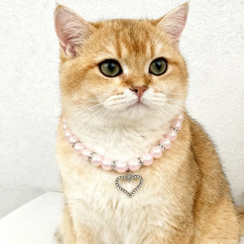Adjustable Pet Pearl Collar with 8” to 12” Fit, Shiny Crystal Heart Rhinestone Pendant, Old Money Aesthetic Bag Charm for Anniversary, Birthday, Christmas Gifting, Rhinestone Pendants, Polyester, Secure Buckle, Sparkling Look