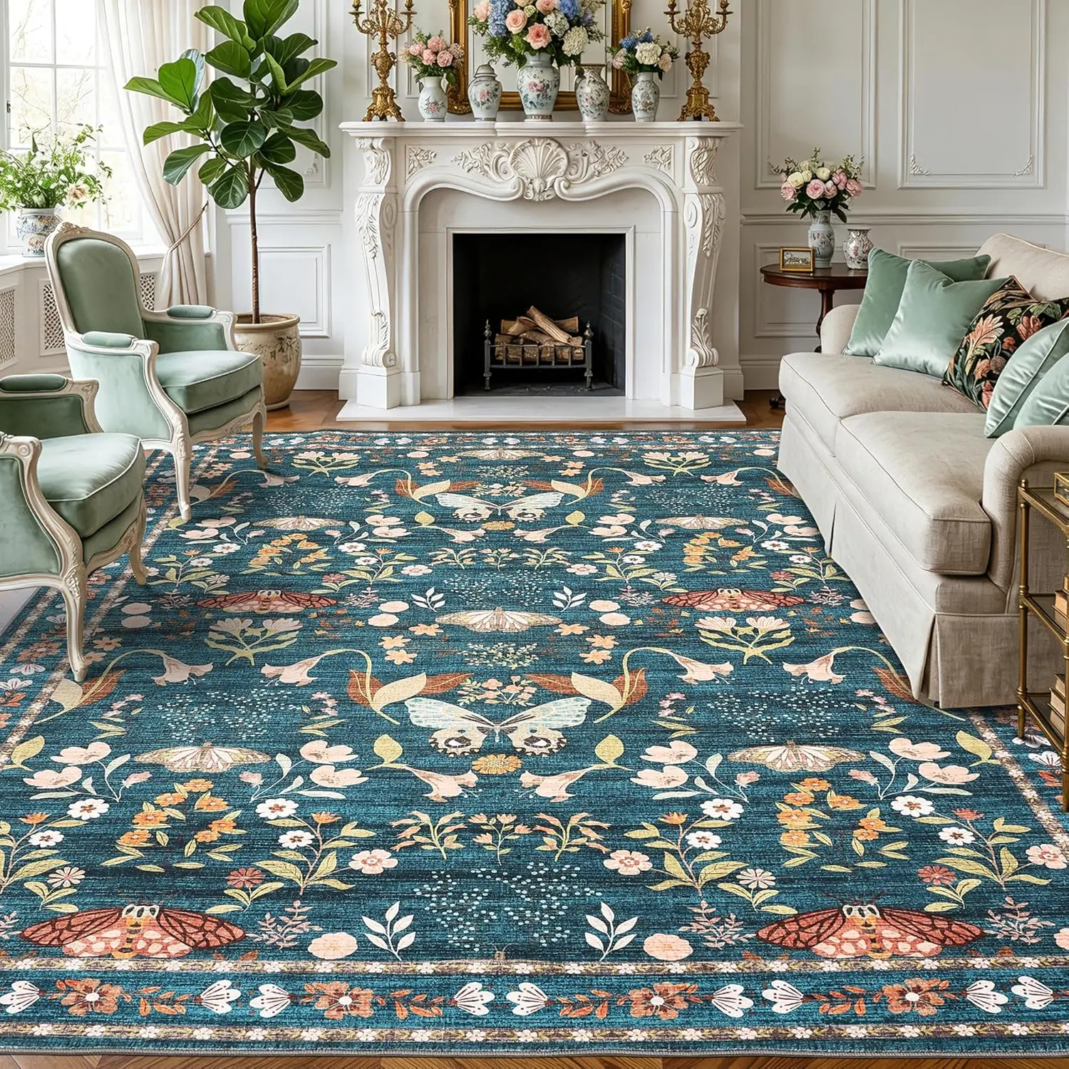 Gaomon Nature-Inspired Butterfly & Floral Animal Motif Area Rug, 8x10/9x12FT Non-Slip Low-Pile Washable Fiber Carpet for Bedroom, Living Room, Indoor Rug 8X10