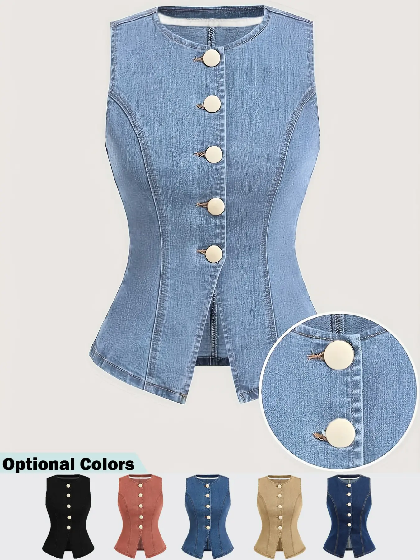 Women's Round Neck Denim Vest, Sleeveless Button Closure, Slim-Fit Waist Cinch, Short Denim Top, All Seasons Wear