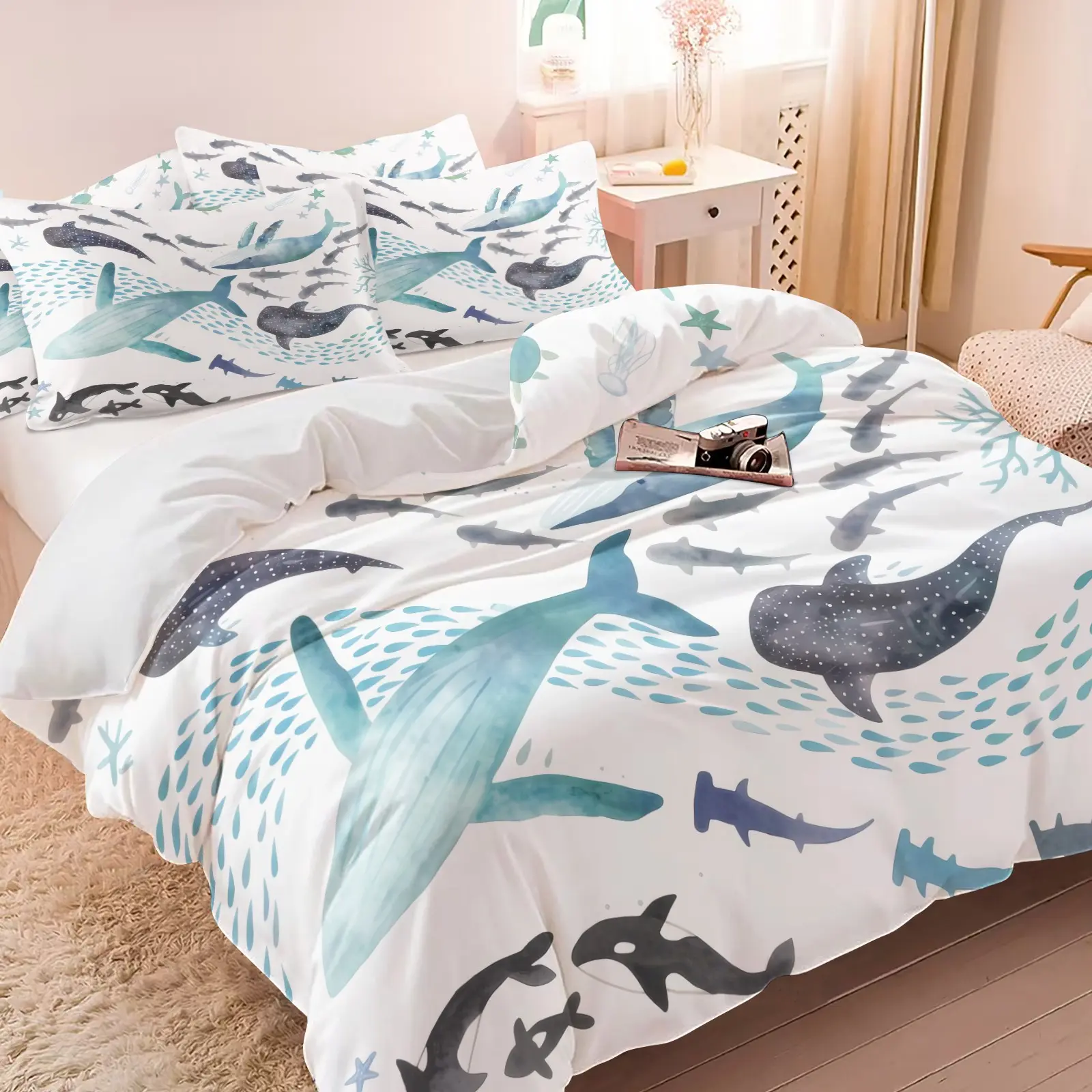3PCS Watercolor Ocean Whale Shark Duvet Cover Set (1 Duvet Cover + 1-2 Pillowcases), White Base Soft Blue Sea Creature HD Digital Print, Soft Cozy Skin-Friendly All Seasons Bedding, Perfect for Nautical Coastal Kids Bedroom Decor