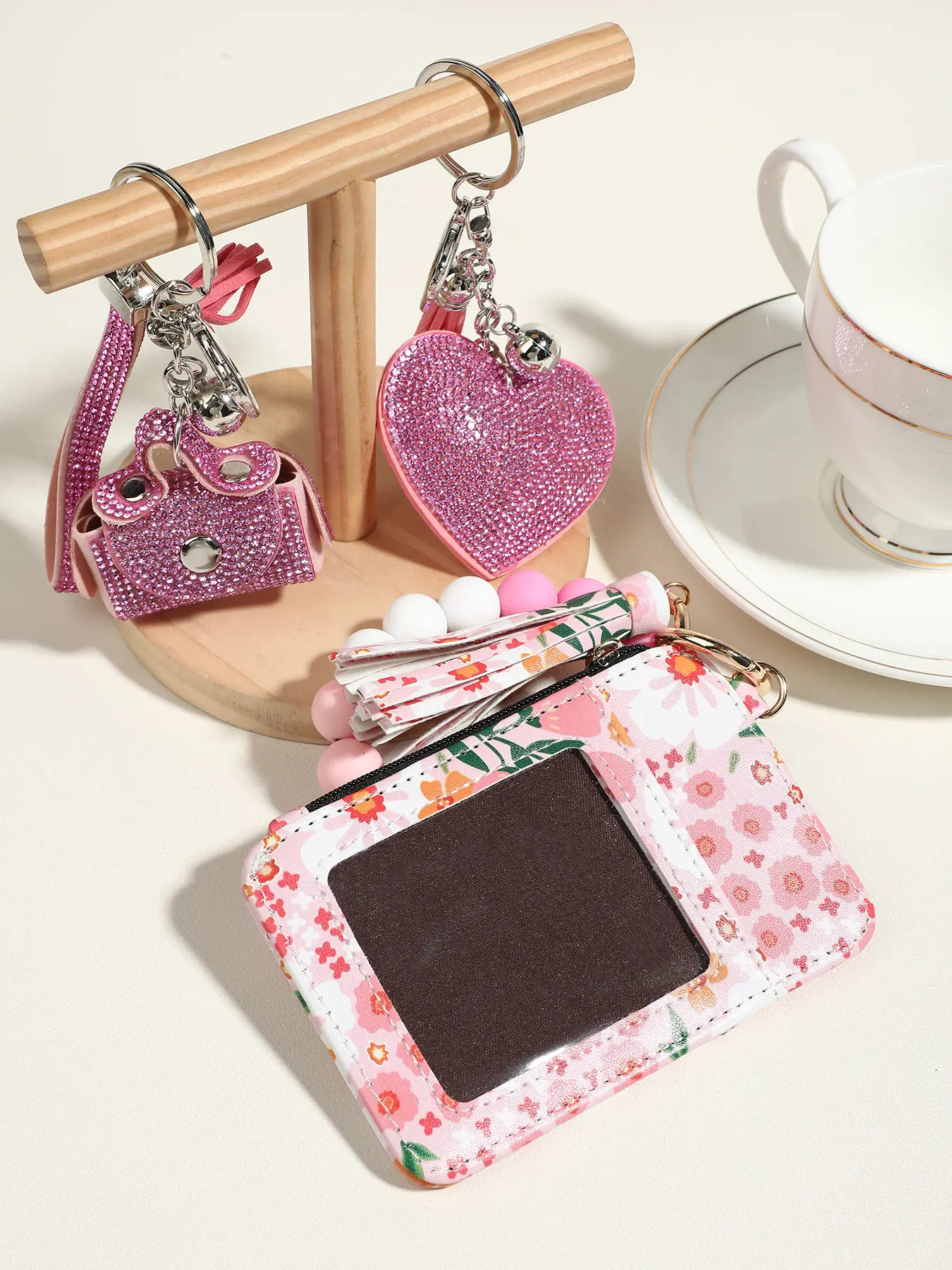 Pink Crystal Heart Keychain and Floral Card Holder with Tassel Wristlet, Sparkly Purse Charm Key Ring for Women Bag Accessories, Birthday Gift