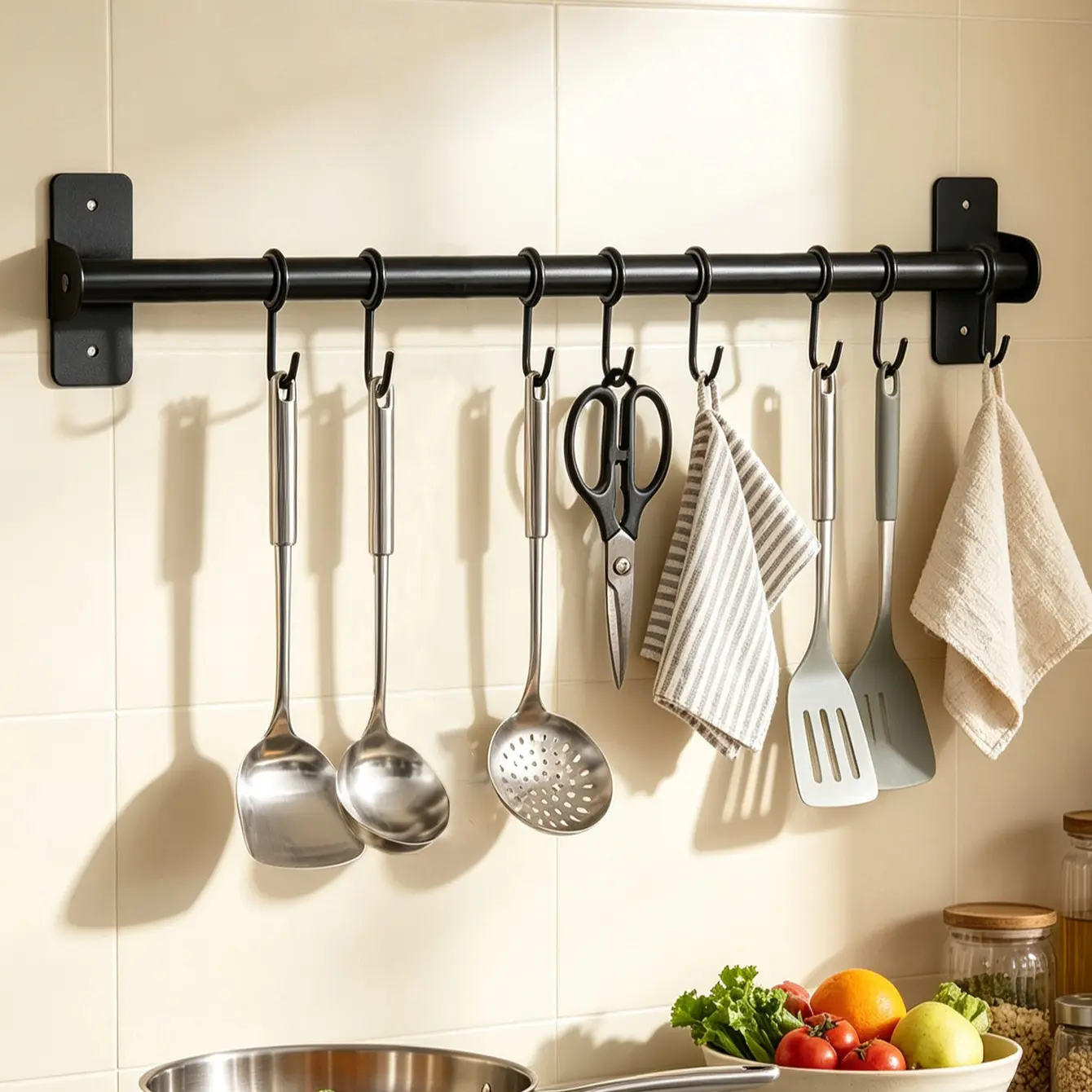 Wall-Mounted Hook Rack, Adjustable Hooks, No Drilling, Ideal for Kitchen, Living Room, Bathroom, Multifunctional Storage Solution, Adjustable Hook System