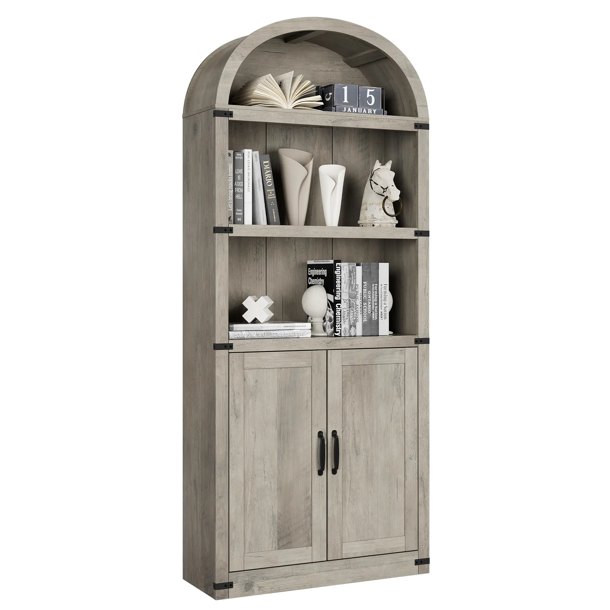 GARVEE 71.65" Tall Modern Arched 5-Tier Bookshelf with Doors, Freestanding Wooden Storage Display Bookcase, Farmhouse Style Furniture for Living Room, Bedroom & Home Office