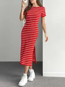2026 New High Elastic Classic Striped Short Sleeve Straight Dress, Side Split Slimming, Casual T-Shirt Long Dress, Home and Outdoors