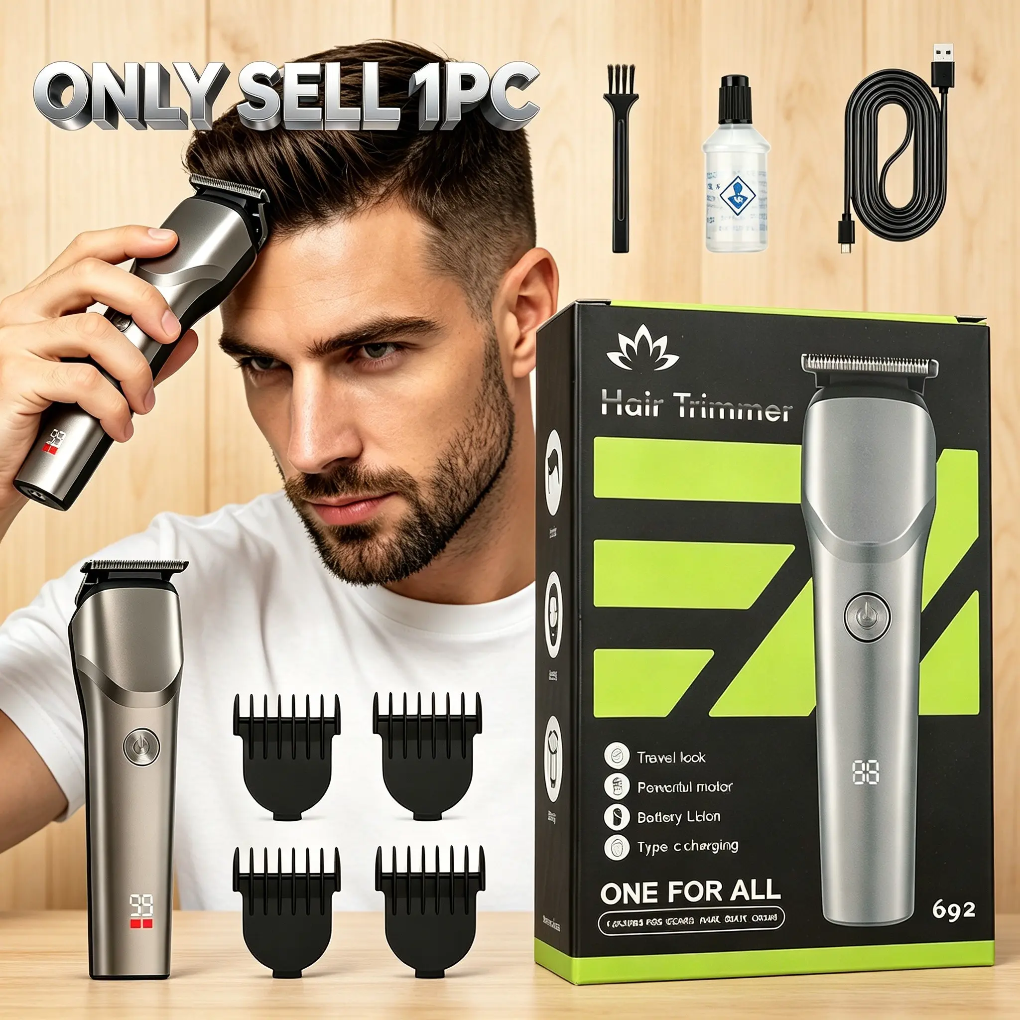 Portable Rechargeable Hair Clipper, Soft Rounded R-Edge Blade, Dual-Speed Motor, Travel Lock, Large Battery, LCD Display, Multi-Function Trimmer, Cordless Hair Trimmer, USB Rechargeable Clipper