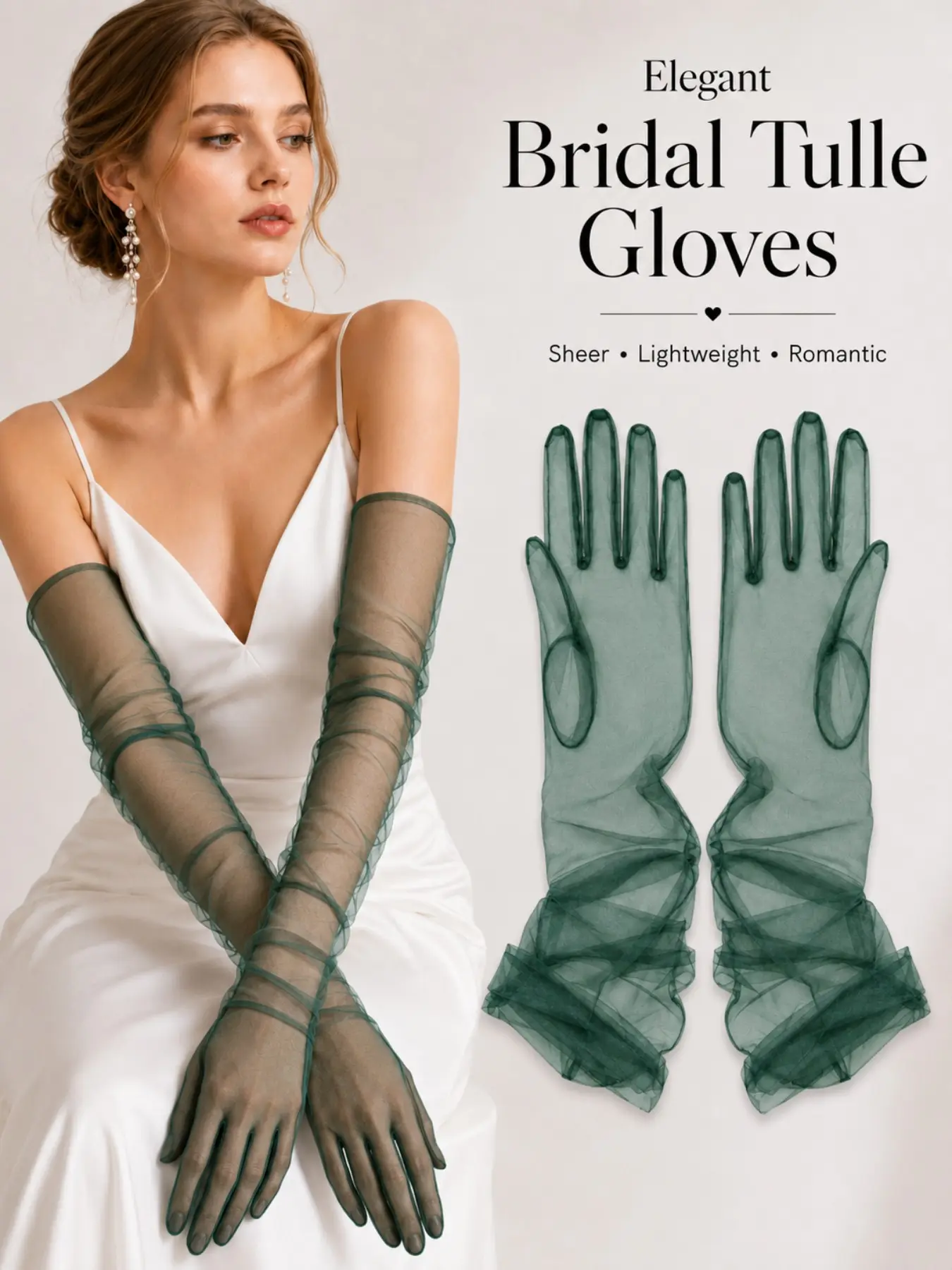 55cm Romantic Sheer Lightweight Tulle Gloves, Long Ruched Mesh Bridal Opera Gloves, Elegant See-Through Formal Fit Gloves for Wedding, Prom, Engagement & Party Occasions