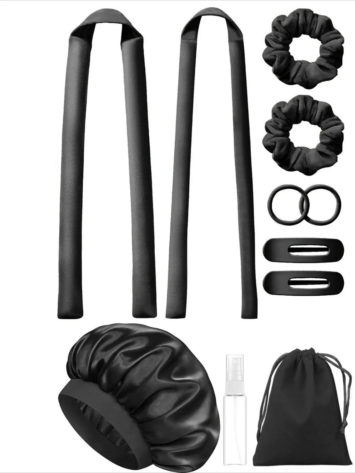 No-Heat Overnight Curler, Heatless Curls, 11-Piece Curler Set, Includes Sleep Cap, with Hair Ties and Clips, Suitable for Long and Medium-Length Hair, Creates Damage-Free Curls and Waves