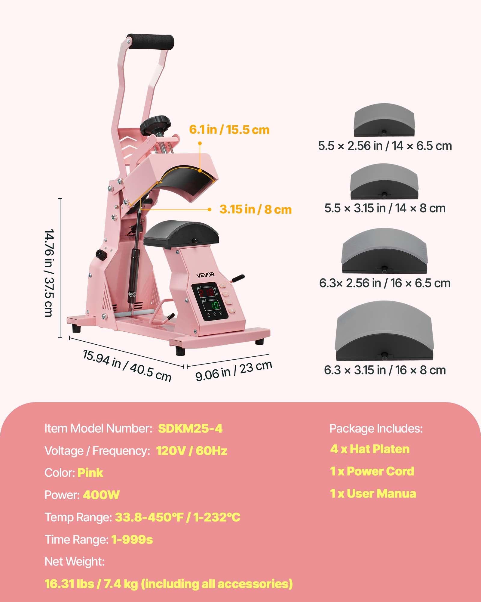 VEVOR Hat Heat Press Machine, with 4pcs Interchangeable Platens, Precise Temperature and Time Control, Hat Press for HTV Iron On and Sublimation Projects, for Caps, Headbands, Cuffs, Face Masks, Pink VEVOR Hat Heat Press Machine, with 4pcs Interchangeable Platens, Precise Temperature and Time Control, Hat Press for HTV Iron On and Sublimation Projects, for Caps, Headbands, Cuffs, Face Masks, Pink
