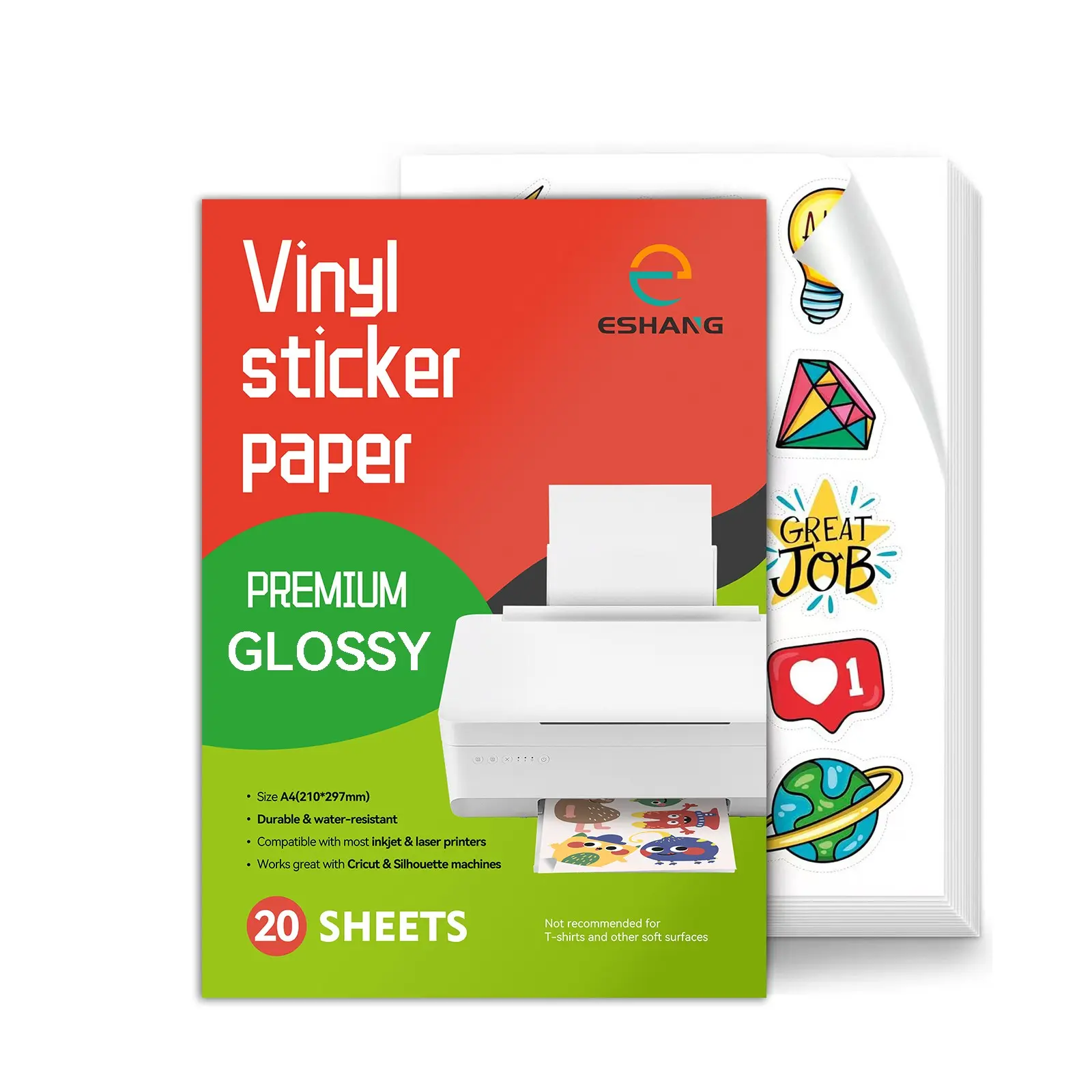 20 Pack A4 Glossy Vinyl Sticker Paper, Waterproof Self-Adhesive Sheets, Tear Resistant for DIY Stickers, Decorative Sticker, Mug Bottle Decor, Craft Cutting Machine