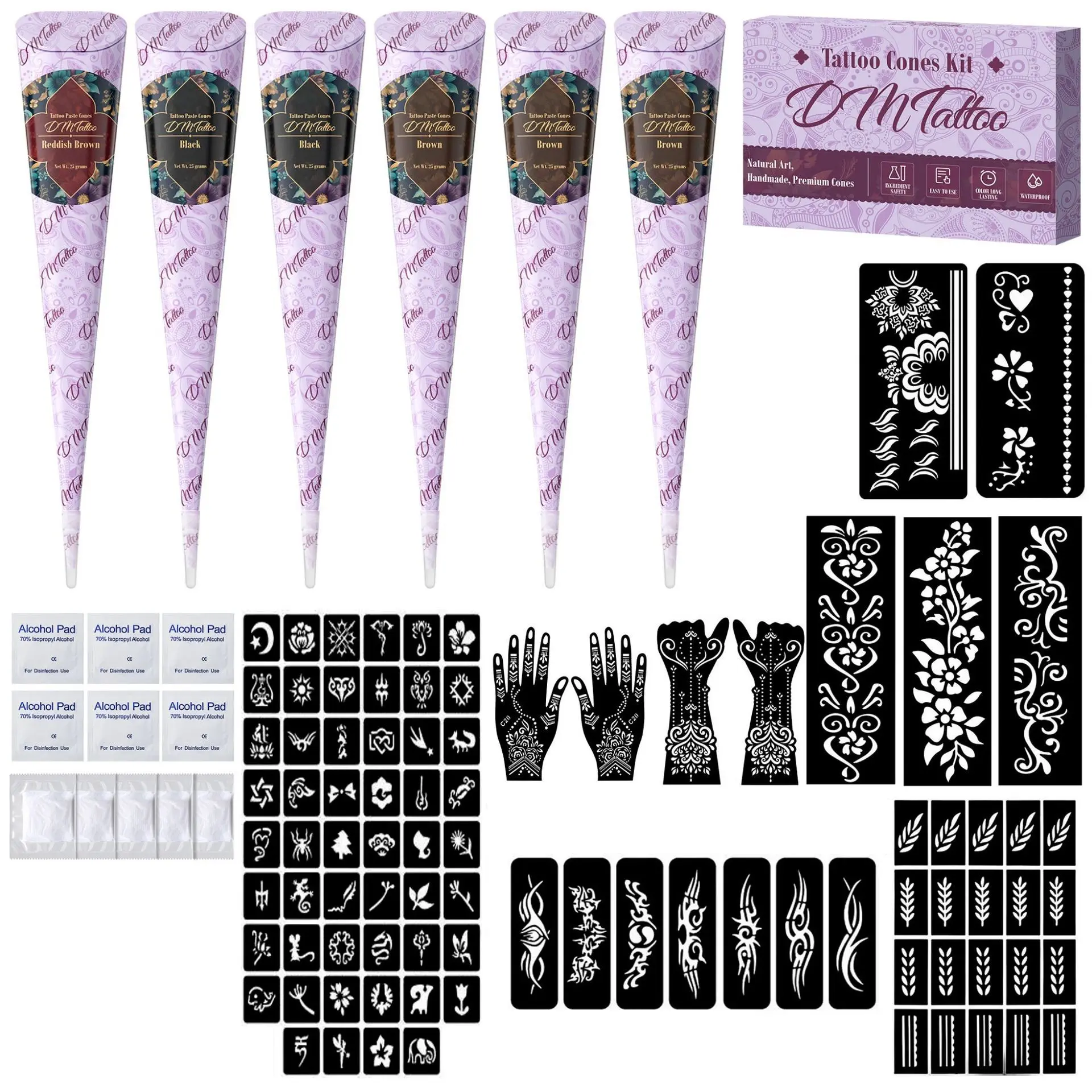 Temporary Henna Tattoo Kit, Natural Plant-Based Body Art Cream, Waterproof Long-Lasting Design, Choose 3-Pack or 6-Pack, Waterproof Temporary Tattoos