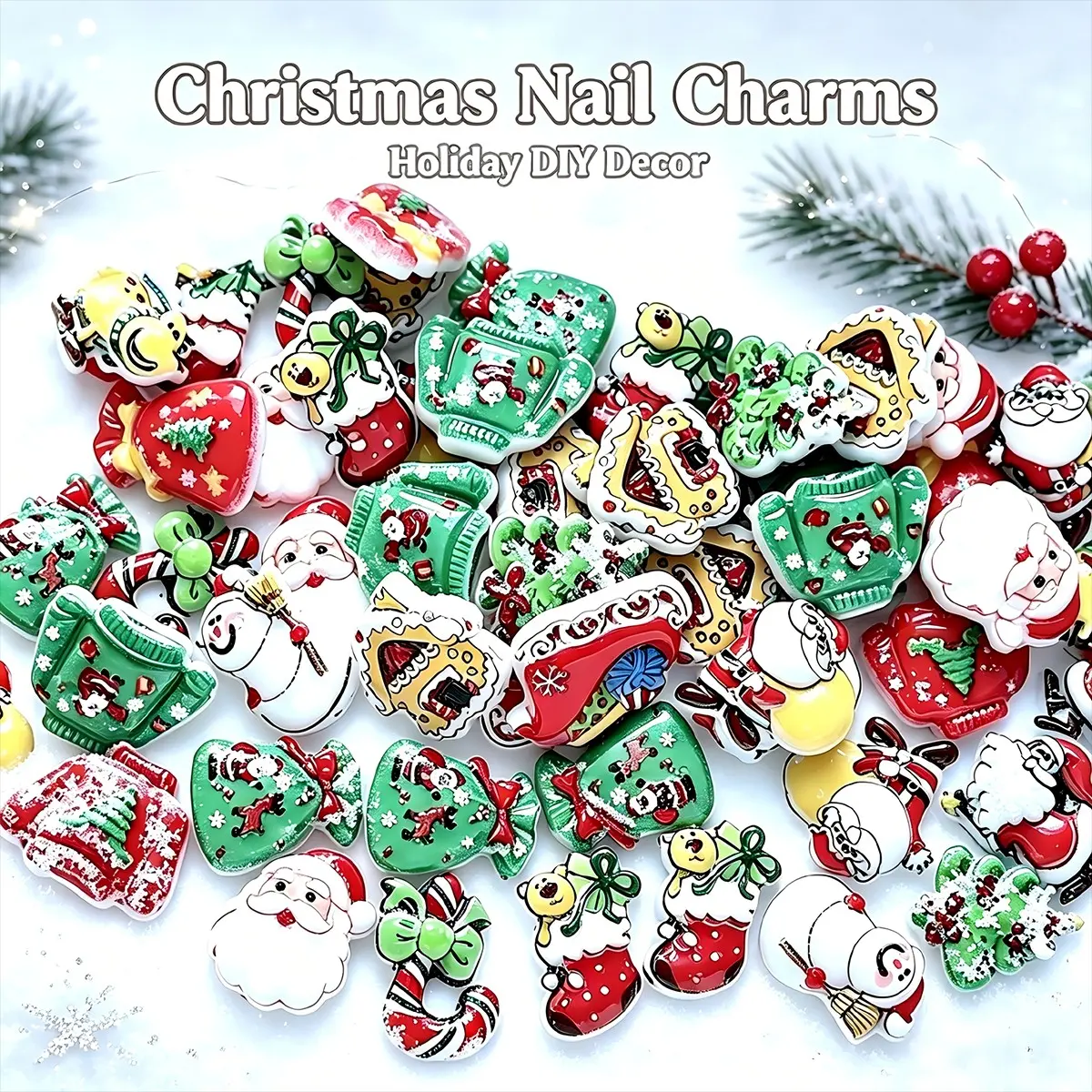 Hot Selling Creative Christmas Series Resin Nail Charms 3D Trendy Simulated Snowman Santa Claus Christmas Tree Reindeer Sled Mixed Nail Art Decorations DIY Phone Case Hair Clip Christmas Decorations